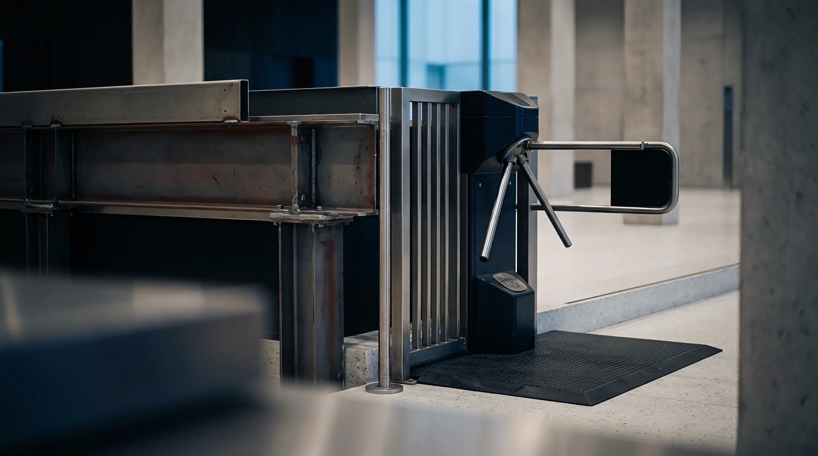 A stainless steel tripod turnstile gate regulates pedestrian access between concrete structural supports within a modern industrial facility environment.