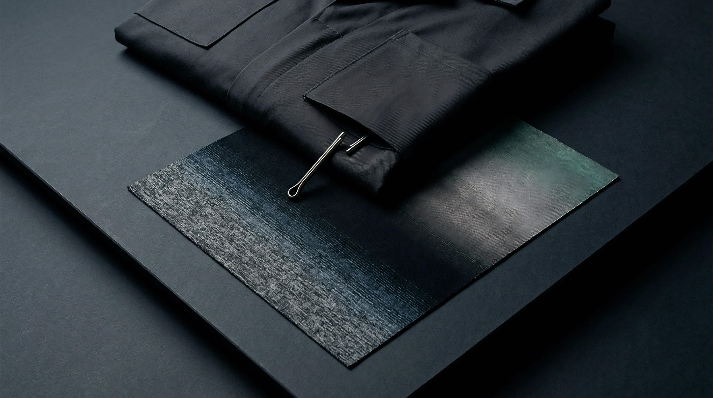 Technical apparel fabric swatches and a garment detail with a metal pin rest on a dark production surface for material evaluation.