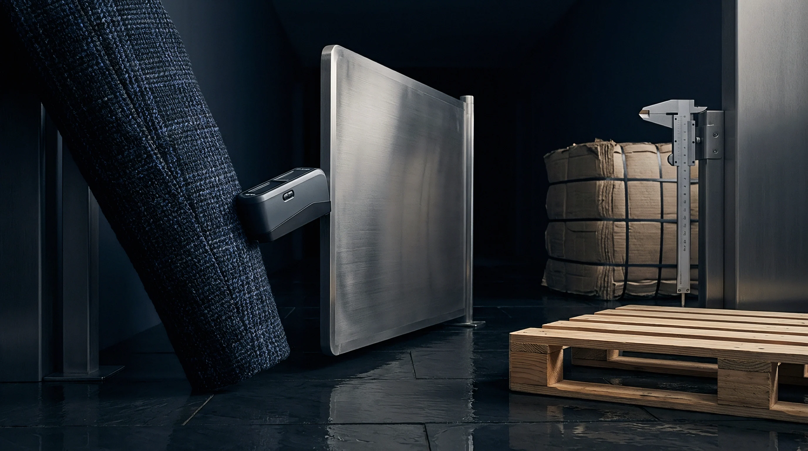 A roll of patterned textile leans near a metal partition with a sensor device attached while a caliper stands by a pallet.
