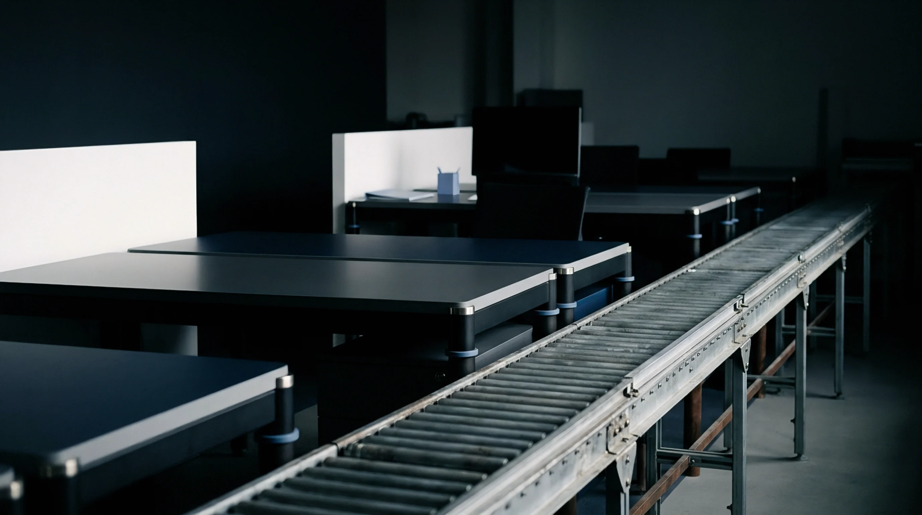 An industrial roller conveyor runs alongside a row of dark grey modular assembly tables separated by white privacy panels in a production facility.