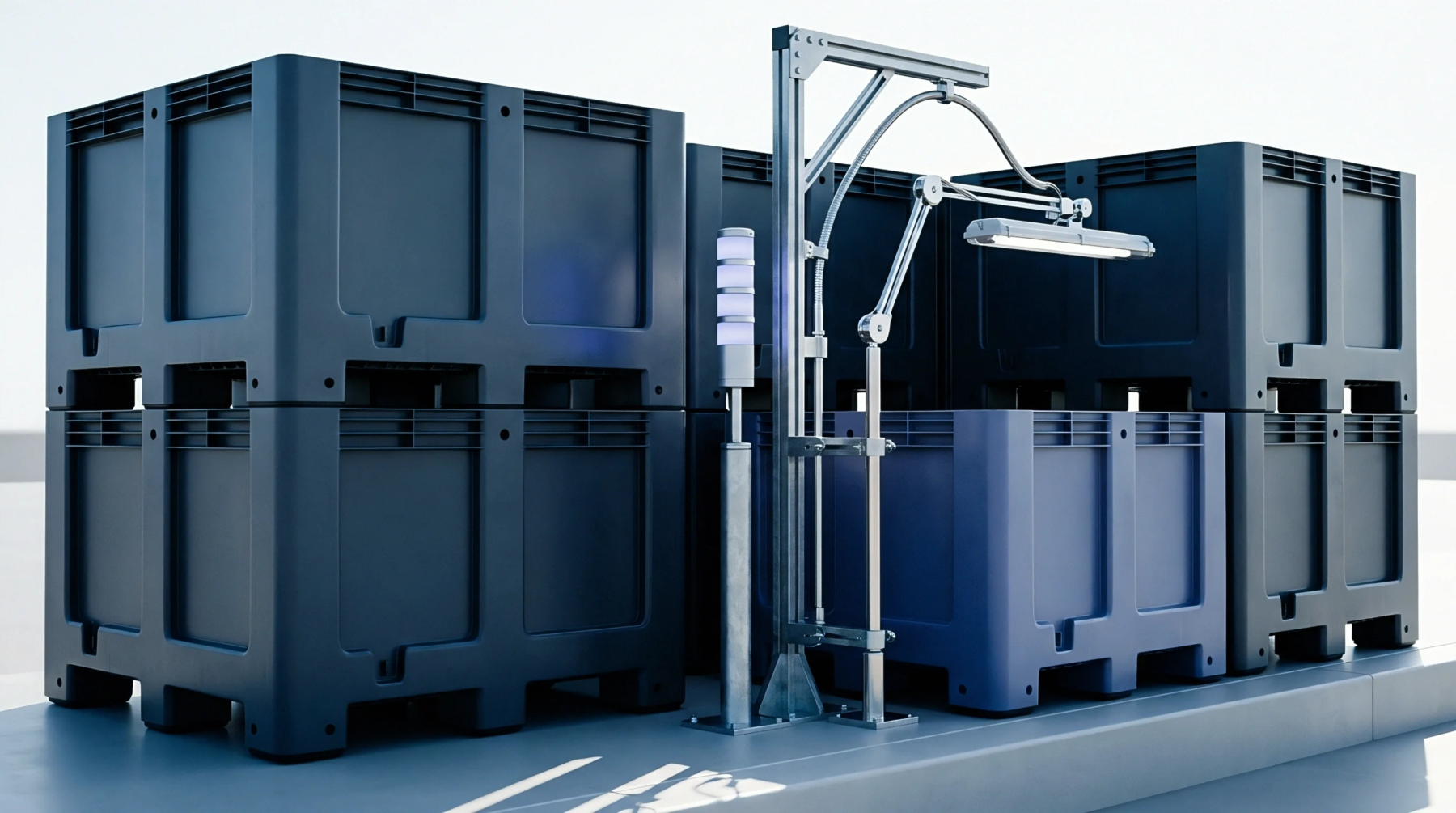 An industrial render shows stacked black storage crates and a blue open bin positioned near a scanner arm for automated quality monitoring.
