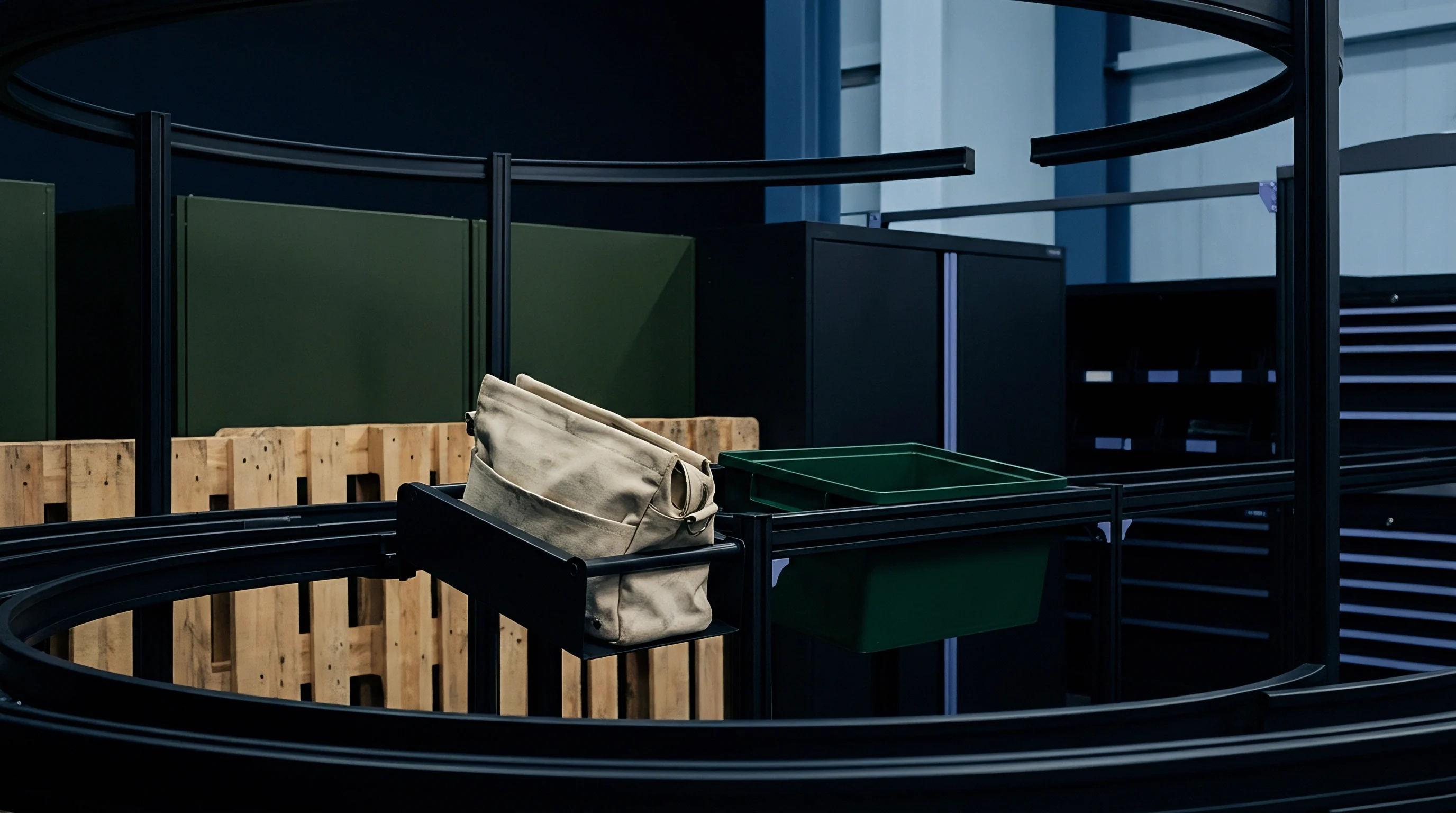A textile tool bag and plastic bin rest on a circular overhead track system within an industrial facility near wooden pallets and storage cabinets.