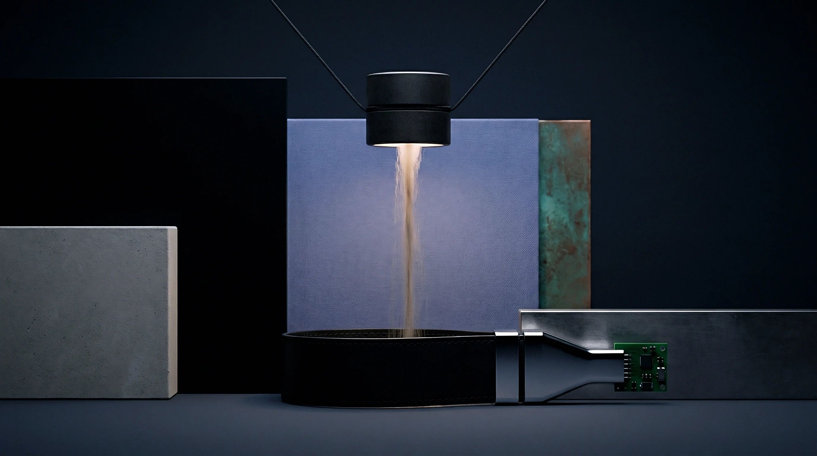 A digital illustration presents a suspended dispensing module releasing particulate matter downward into an automated material transport loop amidst textured industrial panels.
