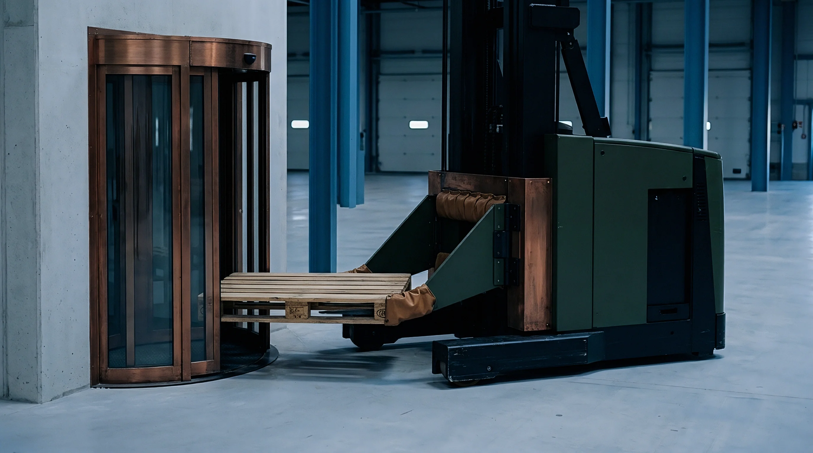 An automated guided vehicle positions a wooden pallet near a glass revolving entrance inside a large modern industrial distribution warehouse.