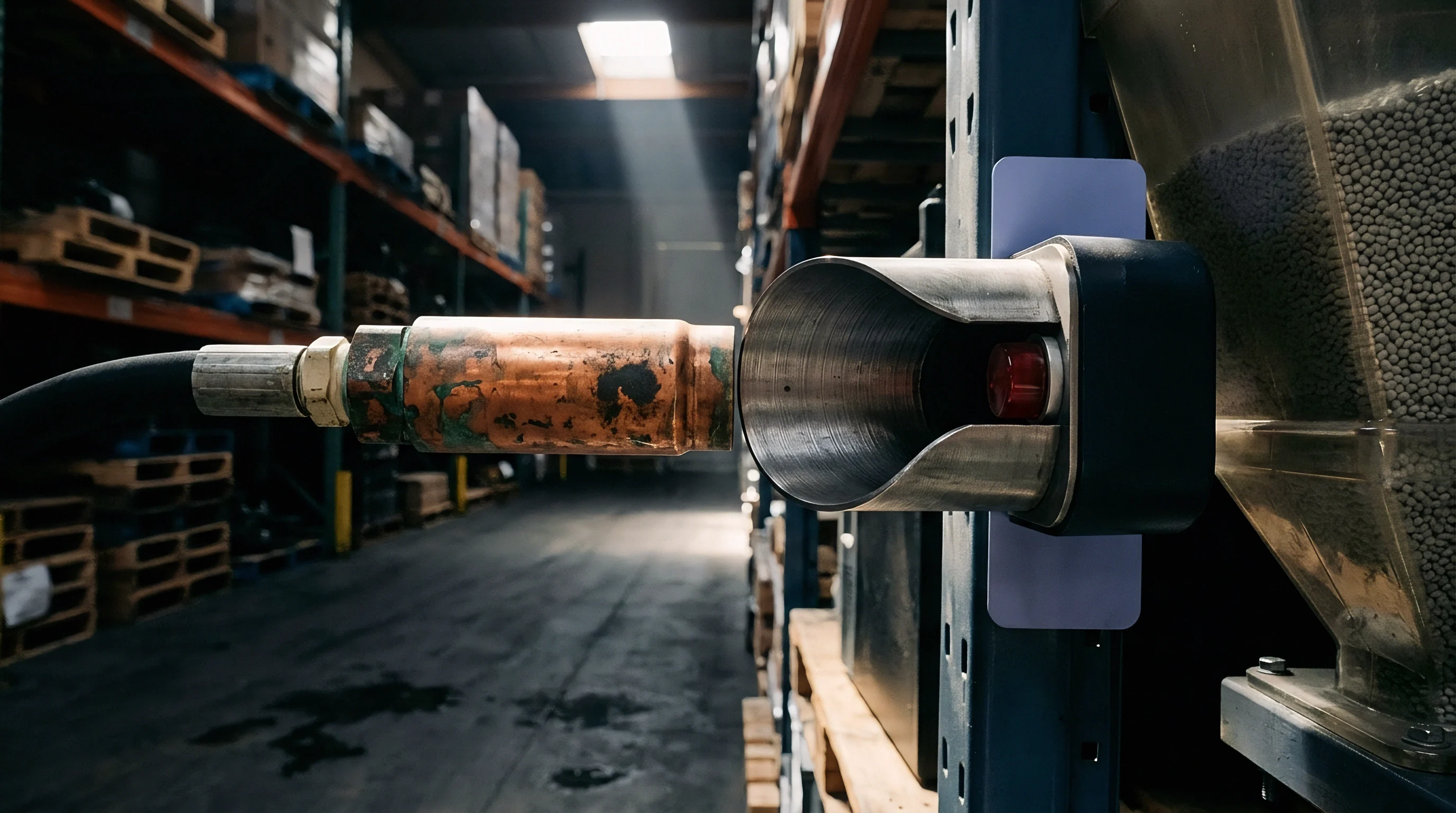 A copper probe nozzle aligns with a stainless steel intake port attached to a granulated material hopper within a large industrial storage facility.