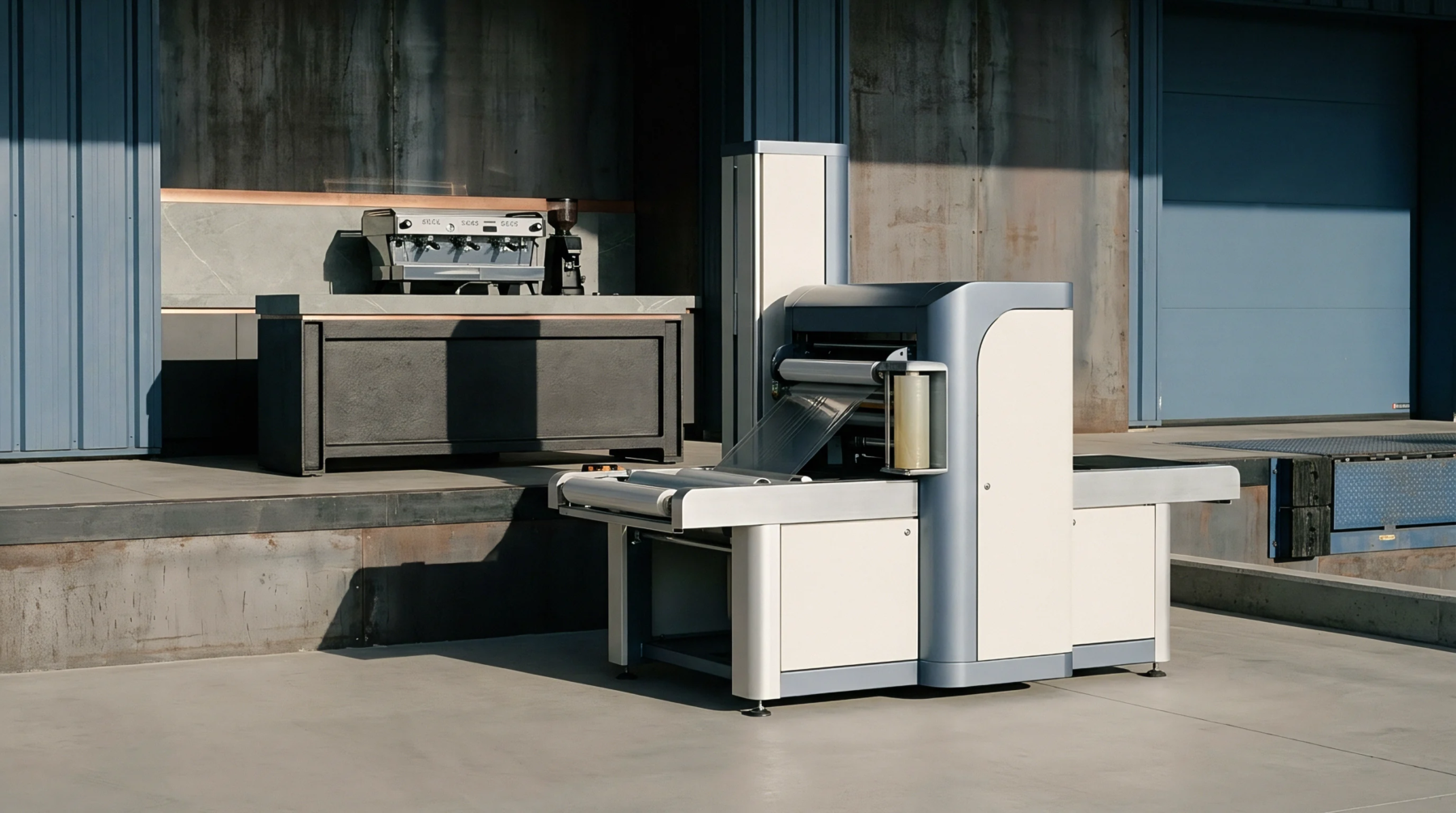 Automated packaging machine positioned on a concrete industrial floor near a loading dock and modular assembly counter.