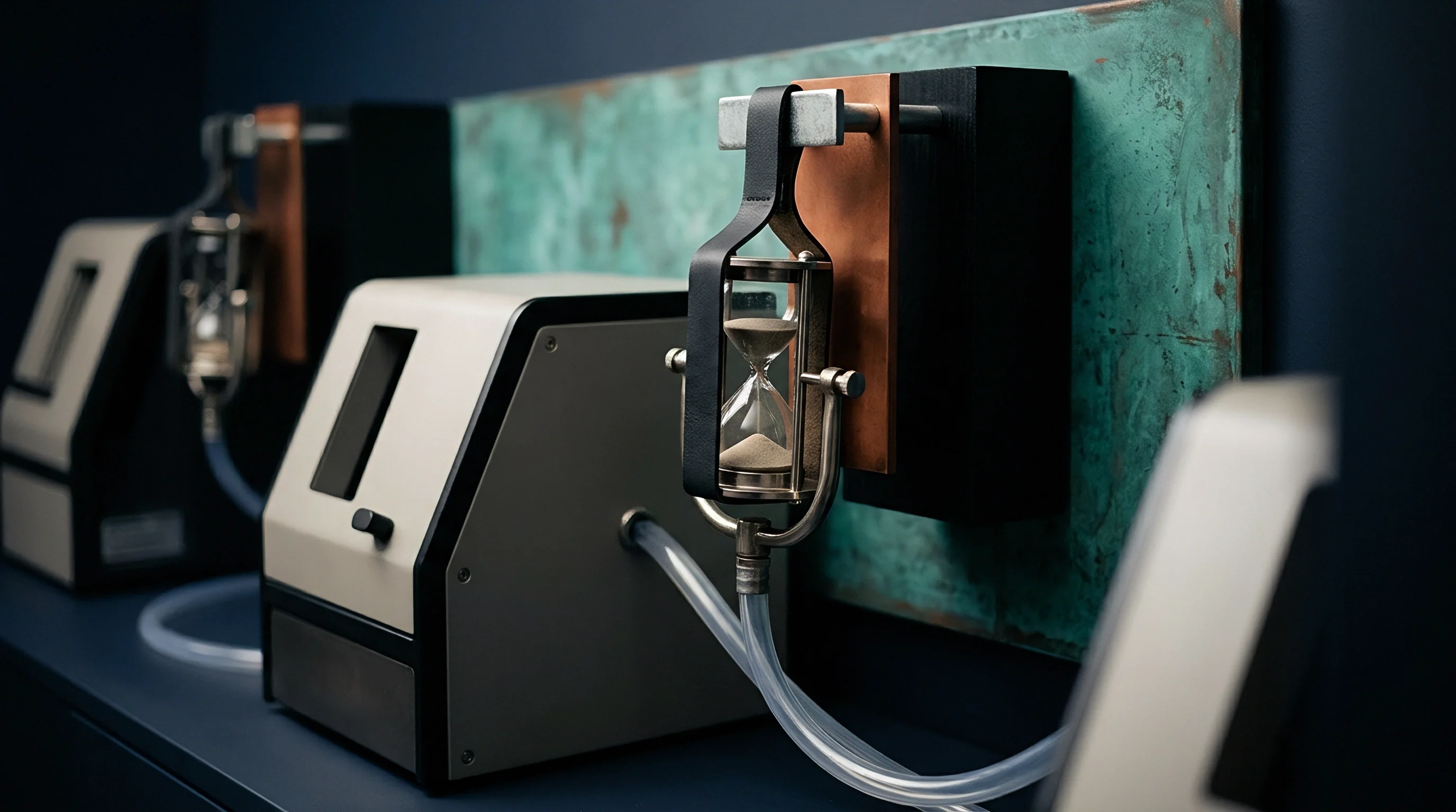 Multiple industrial processing units with transparent tubing and functional hourglasses are systematically arranged on a weathered teal-patinated wall panel.