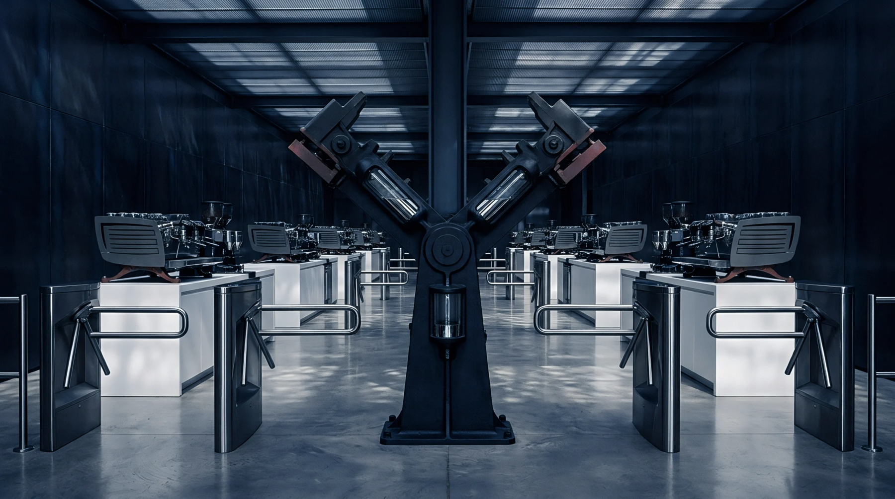 Rows of sophisticated espresso machines are arranged on white work counters within a controlled industrial environment featuring access turnstiles.