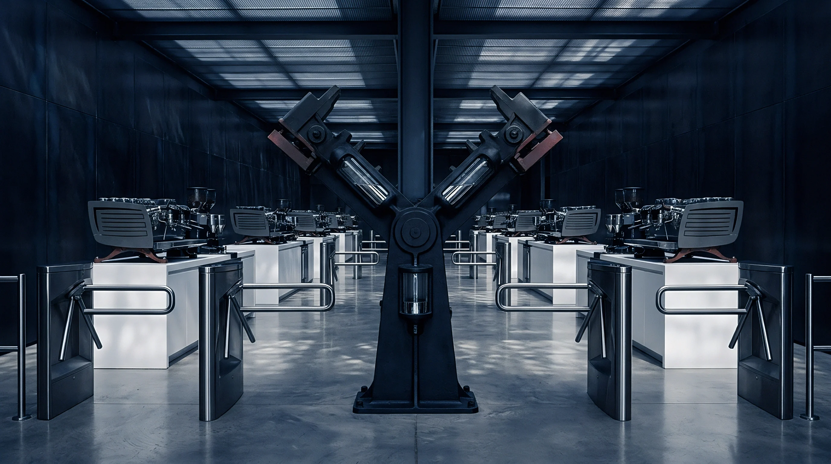 Rows of sophisticated espresso machines are arranged on white work counters within a controlled industrial environment featuring access turnstiles.