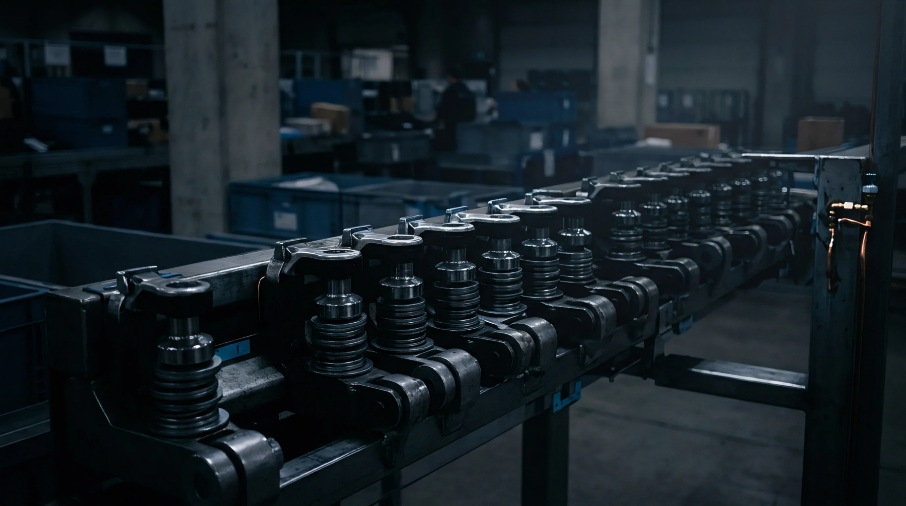 Rows of steel coiled spring mechanical assemblies sit mounted along an automated industrial conveyor system within a manufacturing plant.