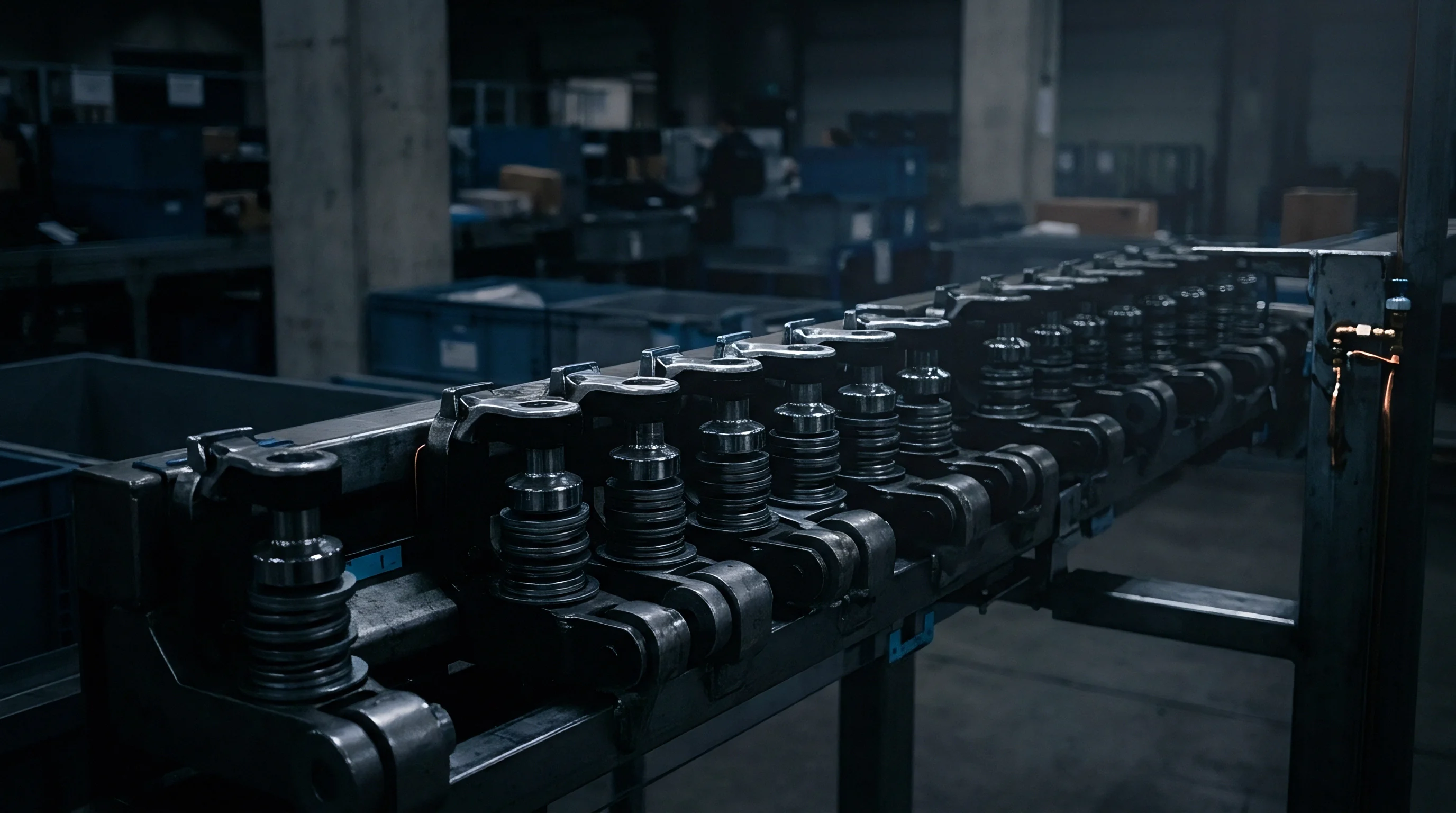 Rows of steel coiled spring mechanical assemblies sit mounted along an automated industrial conveyor system within a manufacturing plant.