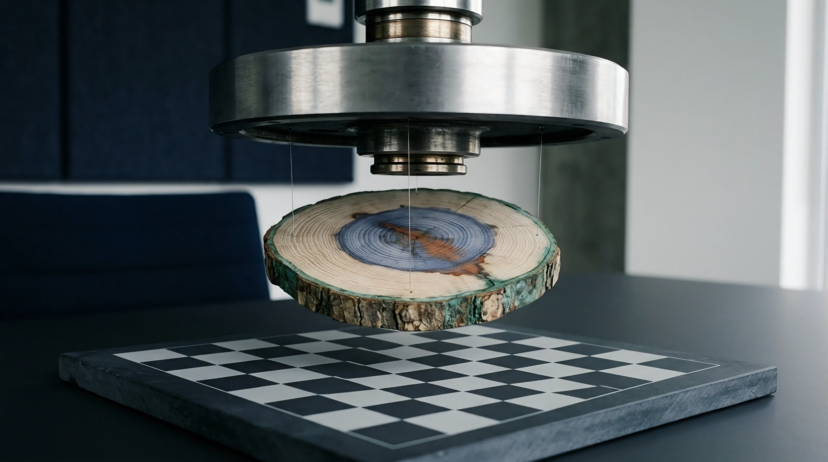 A wooden disc rests suspended by thin wires between a heavy metallic calibration press and a monochromatic checkered interface plate in a lab.