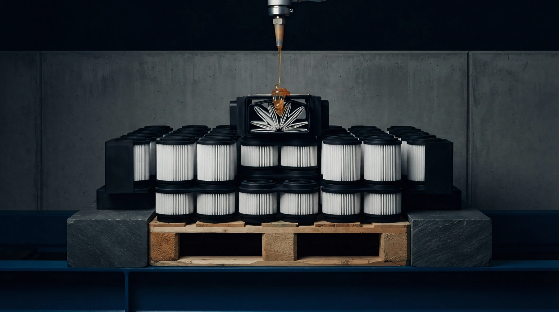 Industrial robotic equipment applies liquid resin onto stacked cylindrical filter cartridges arranged systematically on wooden pallets within a manufacturing facility.