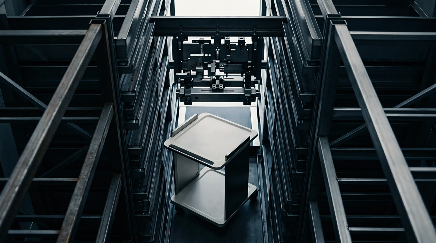 Modular metal racking structures flank a single stainless steel utility cart within an organized industrial warehouse storage aisle.