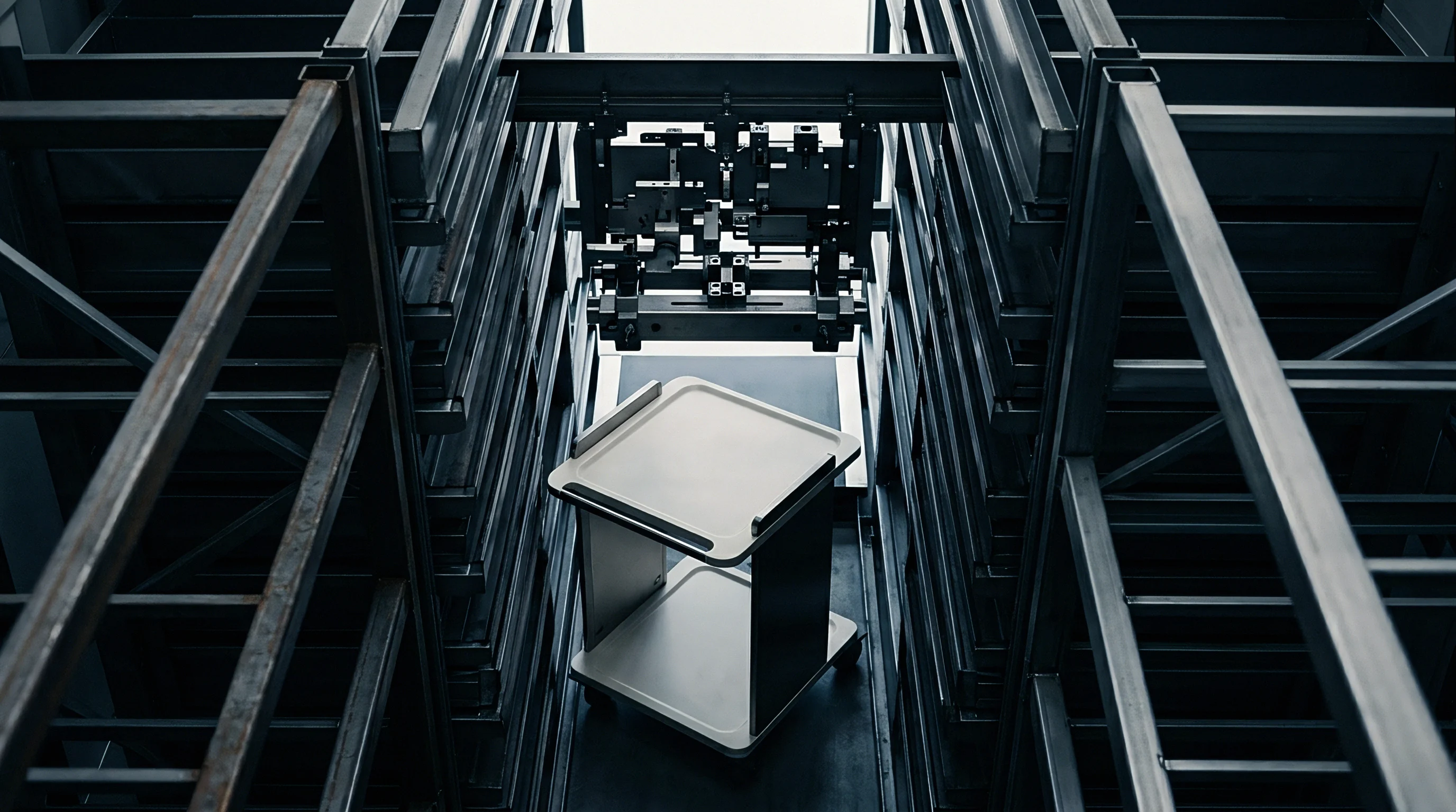 Modular metal racking structures flank a single stainless steel utility cart within an organized industrial warehouse storage aisle.