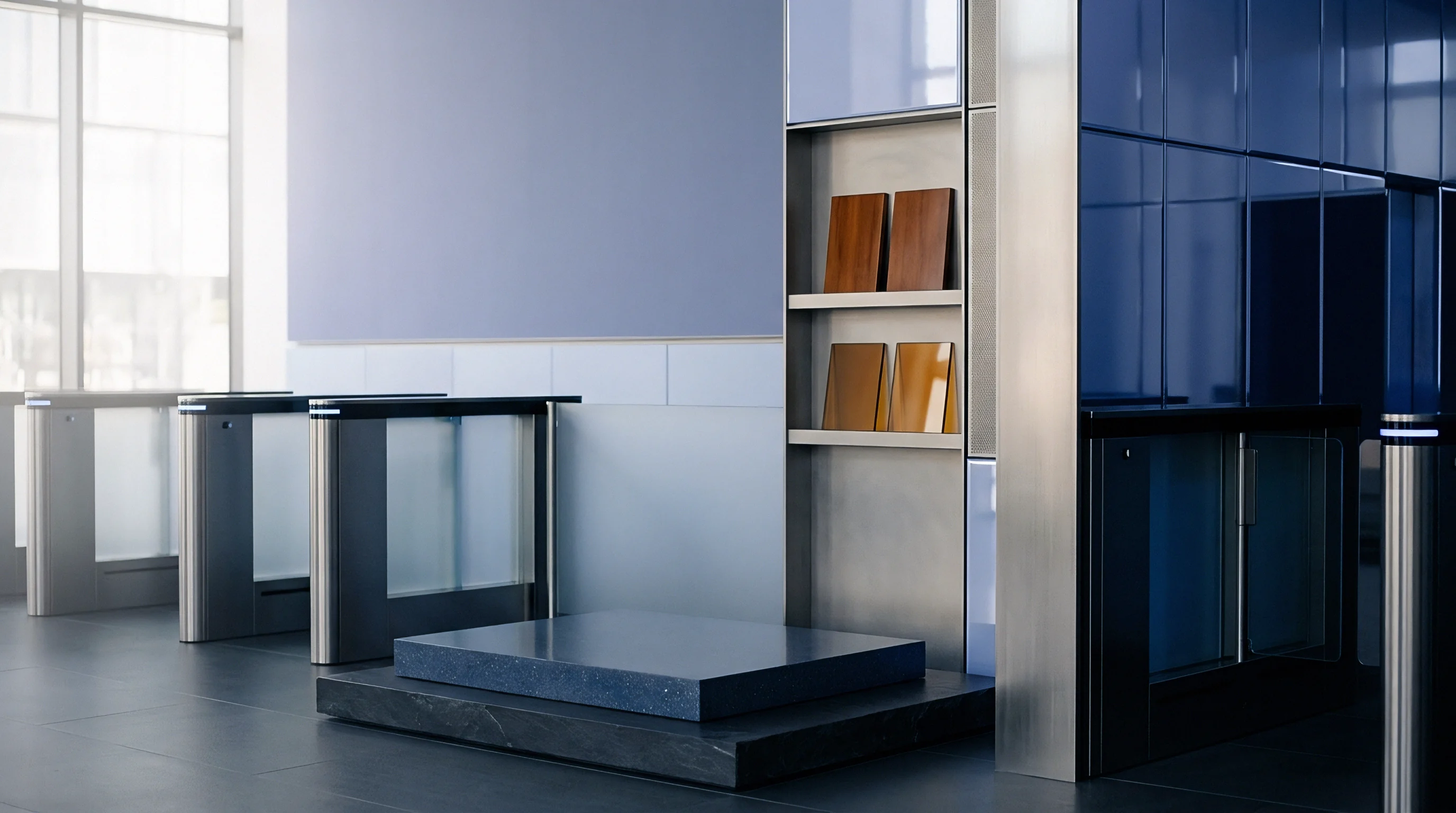 Modular electronic turnstiles constructed from steel and glass regulate entry into a modern manufacturing headquarters beside a layered blue stone display platform.