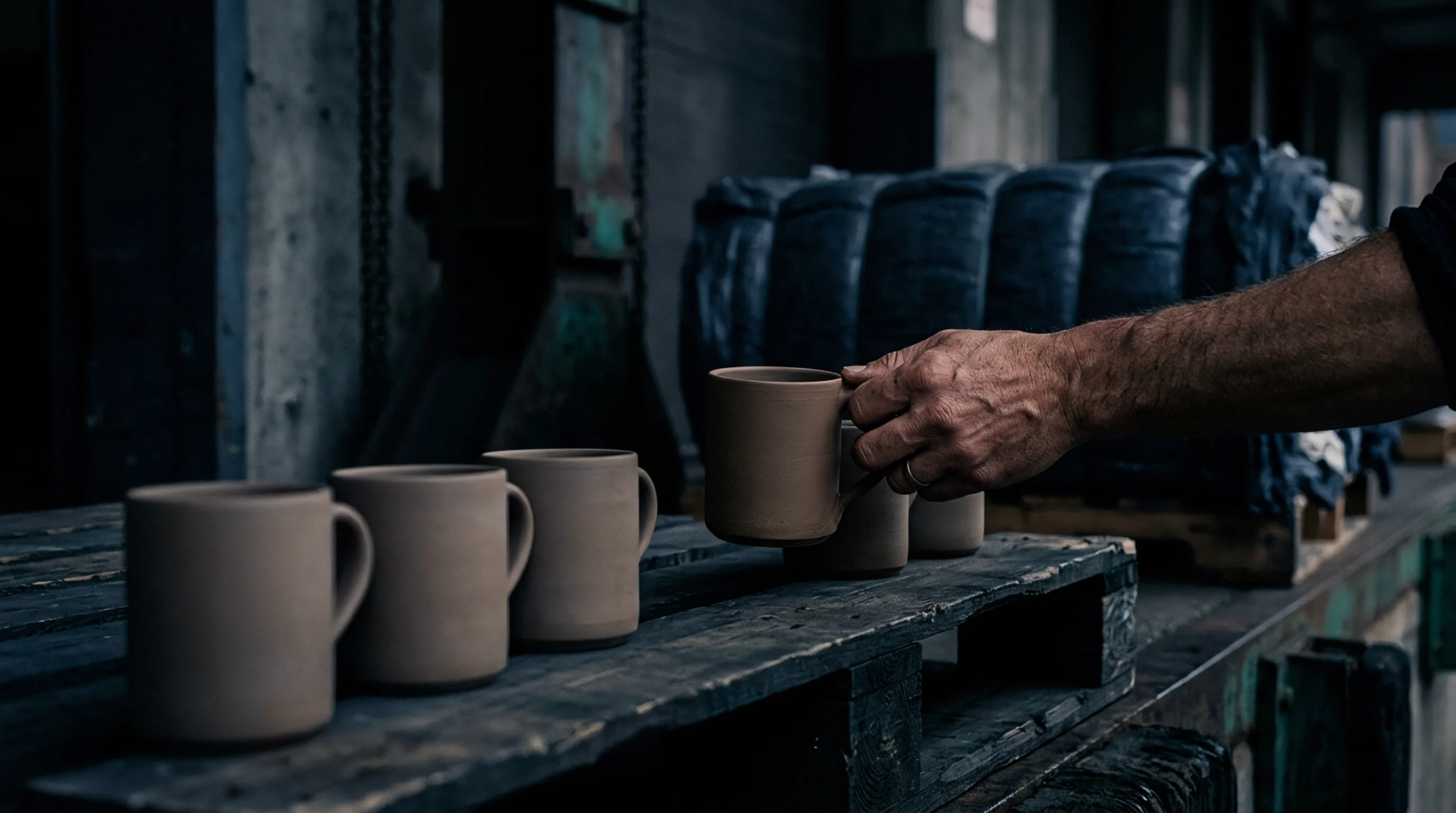 A human hand places a matte ceramic mug onto a wooden shipping pallet alongside several other finished units in a warehouse production environment.
