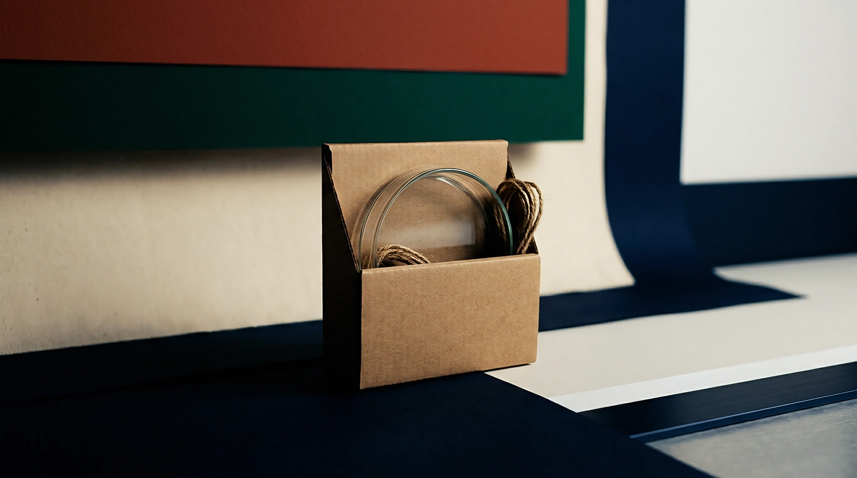 A glass disk sits inside a small brown paperboard container with bundles of natural fiber cord on a geometric flat surface.