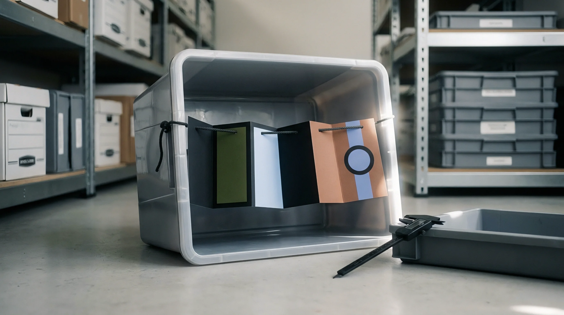 A multipart paper insert prototype hangs from a string inside a grey plastic storage bin placed on a warehouse floor near a metal caliper.