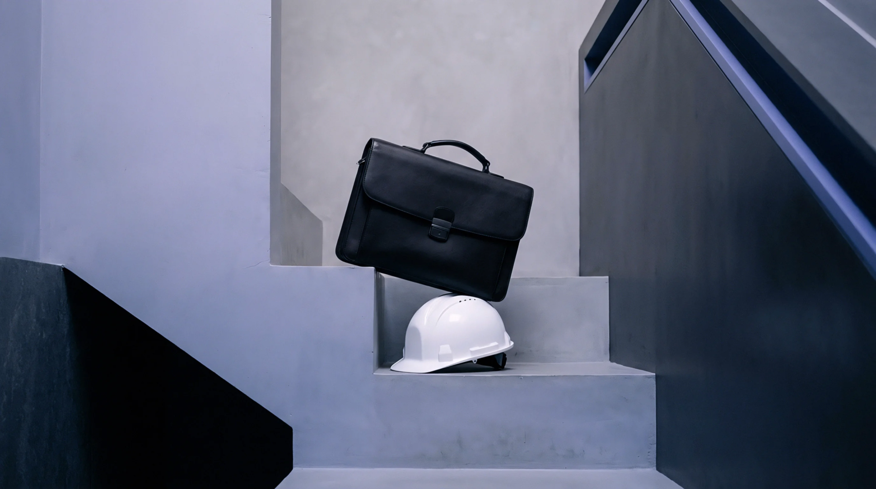 A black leather briefcase is balanced atop a white construction hard hat on concrete stairs symbolizing operational complexity.