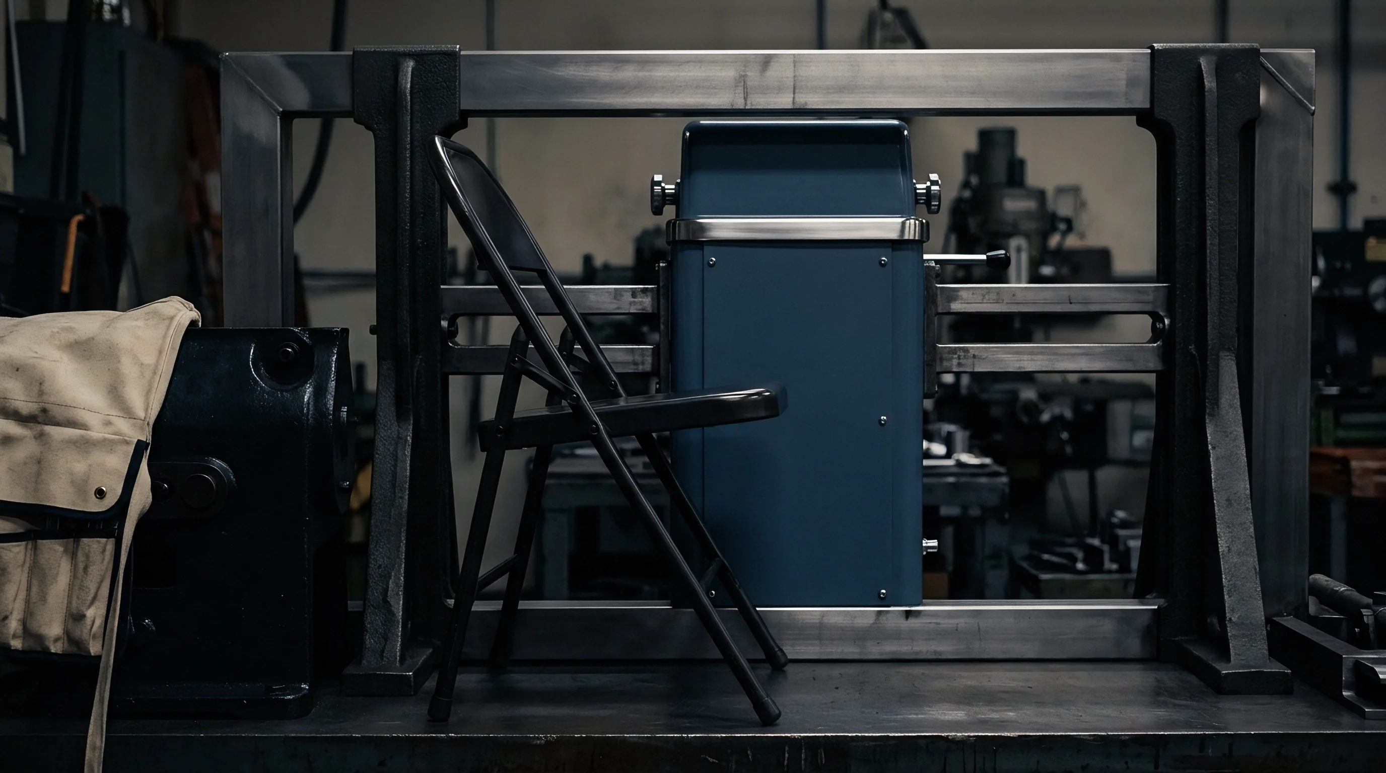 A blue metal equipment housing sits mounted within a sturdy steel frame on a workshop floor next to a black folding chair.