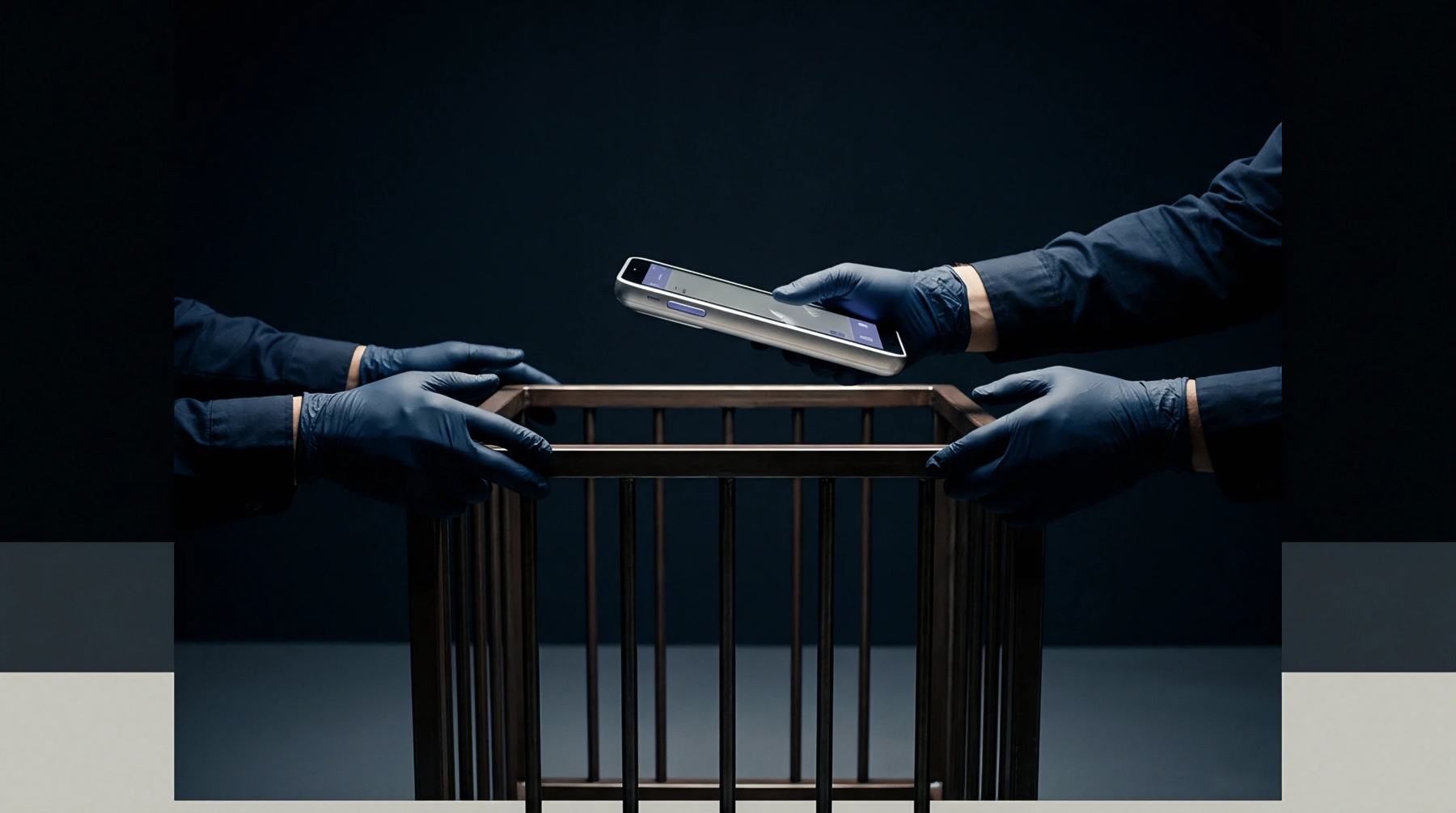 Gloved hands hold a digital mobile device above a metallic frame structure within a workspace in a dark setting.