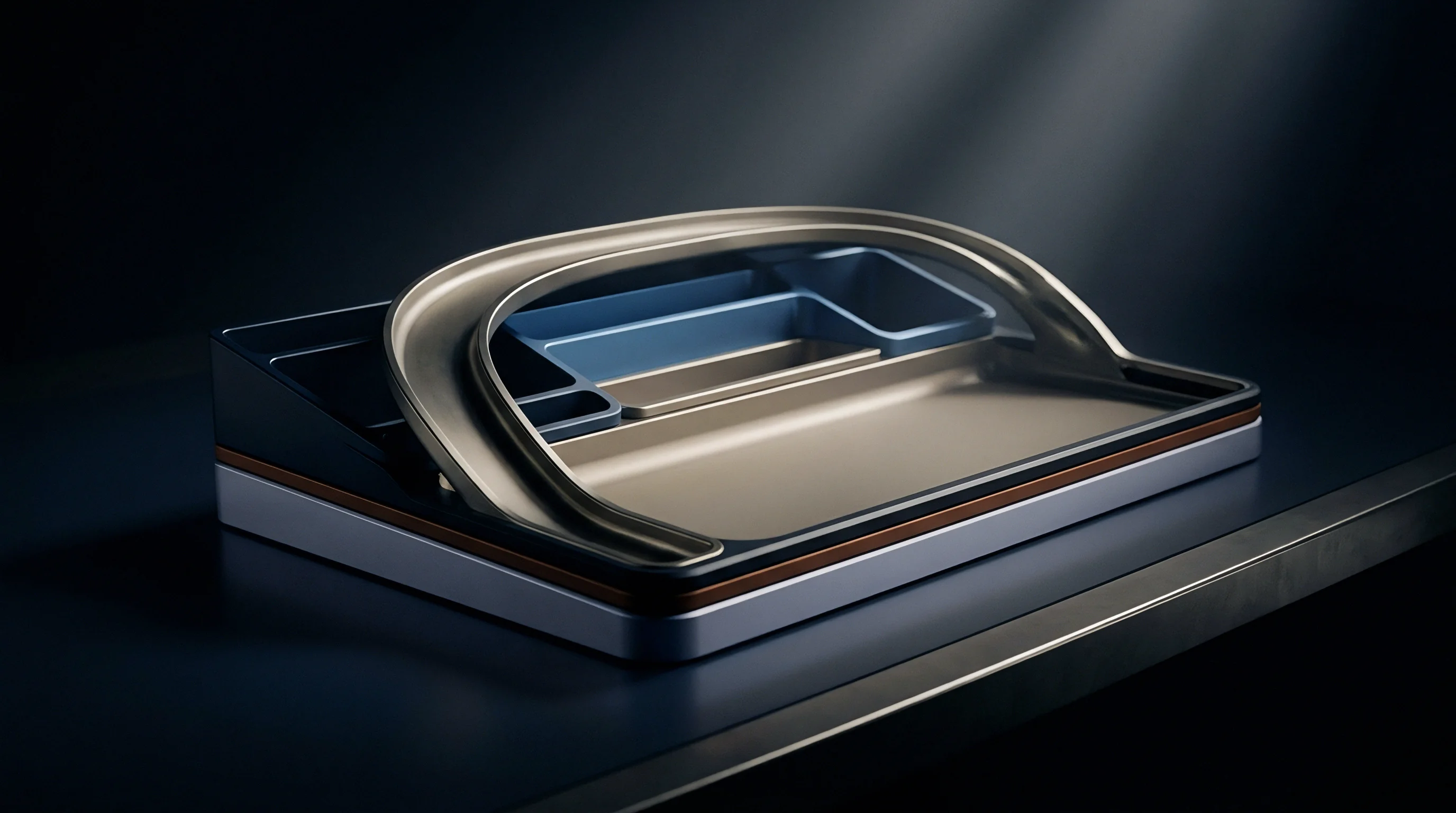 A digital render presents a multi-compartment modular industrial tray constructed from molded metal components resting upon a dark production surface.