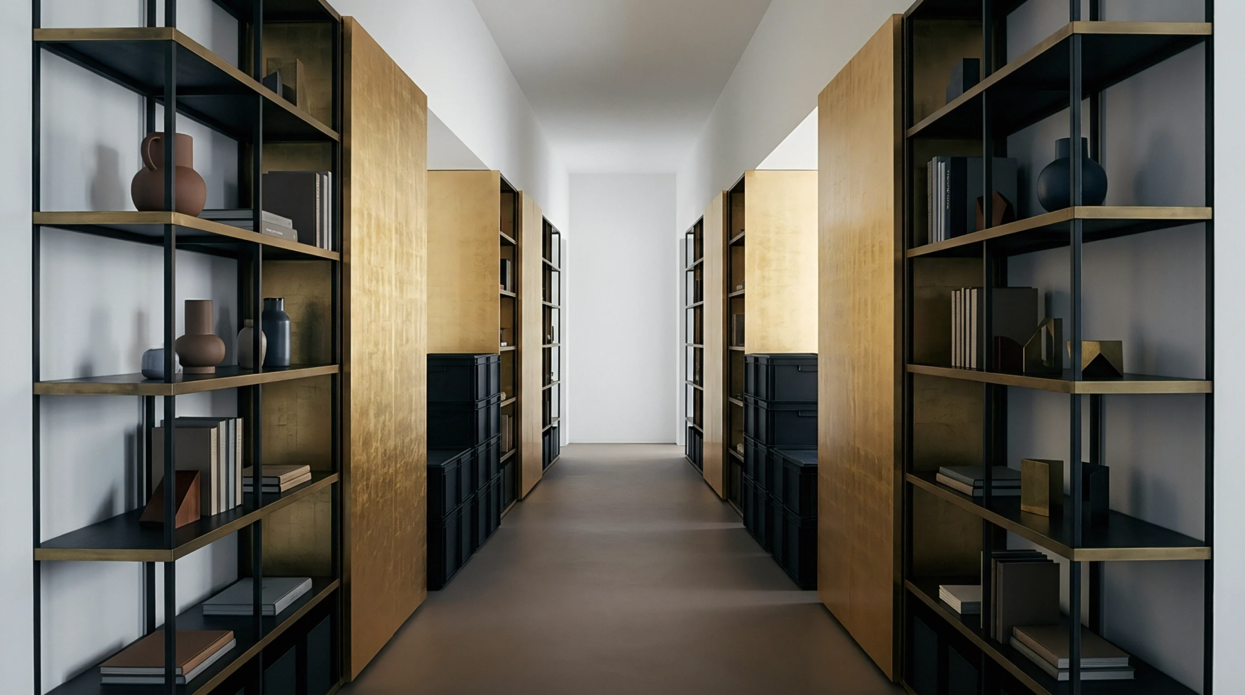 Digital architectural render shows a symmetric organizational corridor featuring modular metal shelving units alongside partitioned storage modules inside an industrial facility setting.