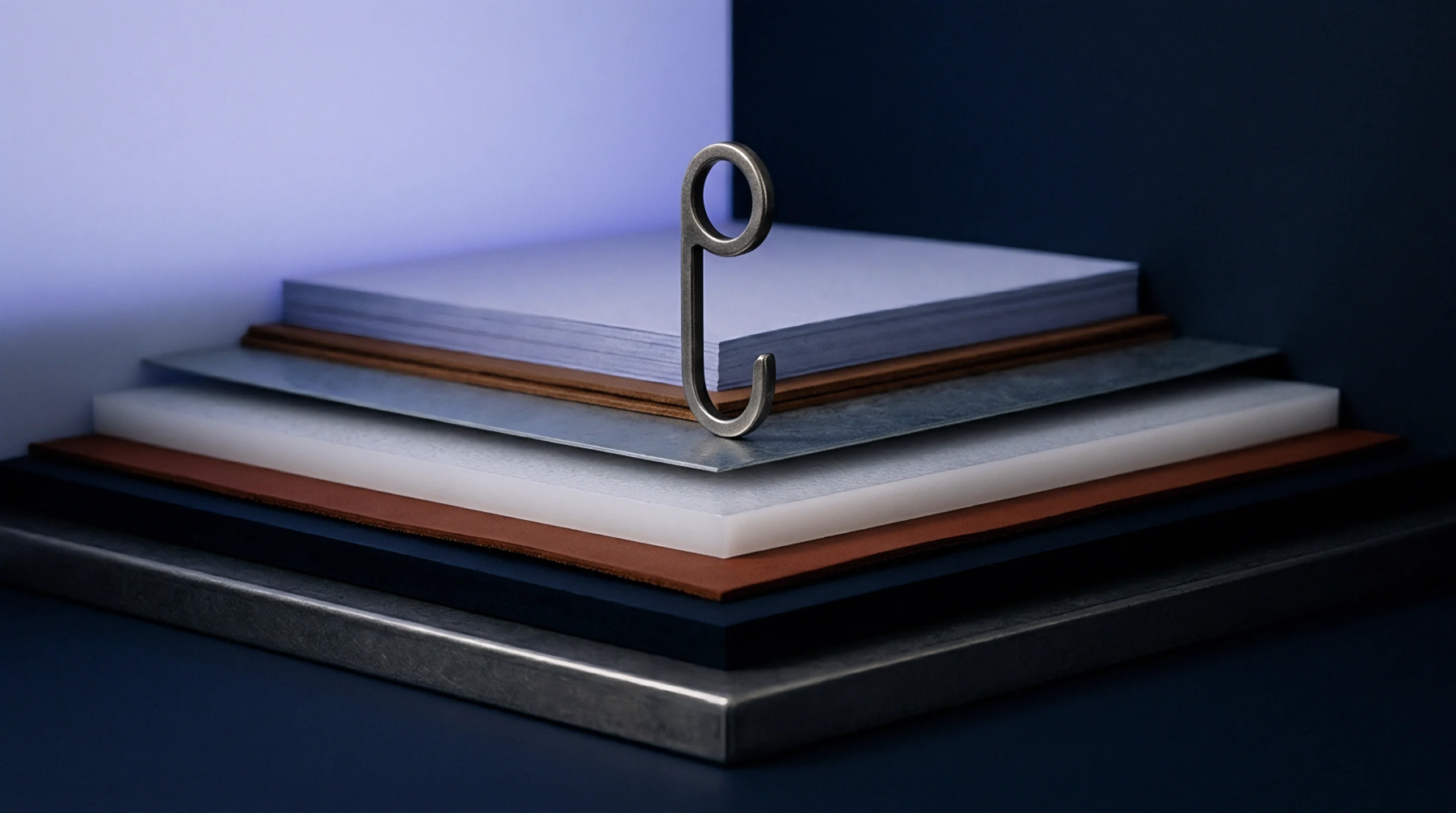 A tiered stack of paper, sheet metal, polymer, and fibrous layers supports a small hardware fastener under controlled studio conditions.