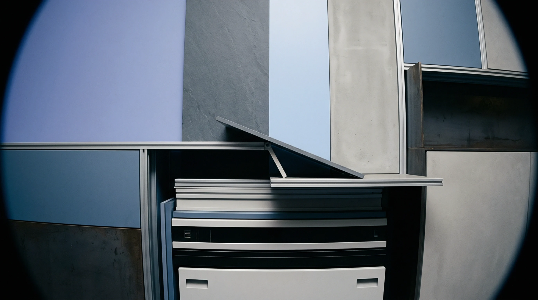 Various industrial material panels in a structured arrangement with a propped open digital display device.