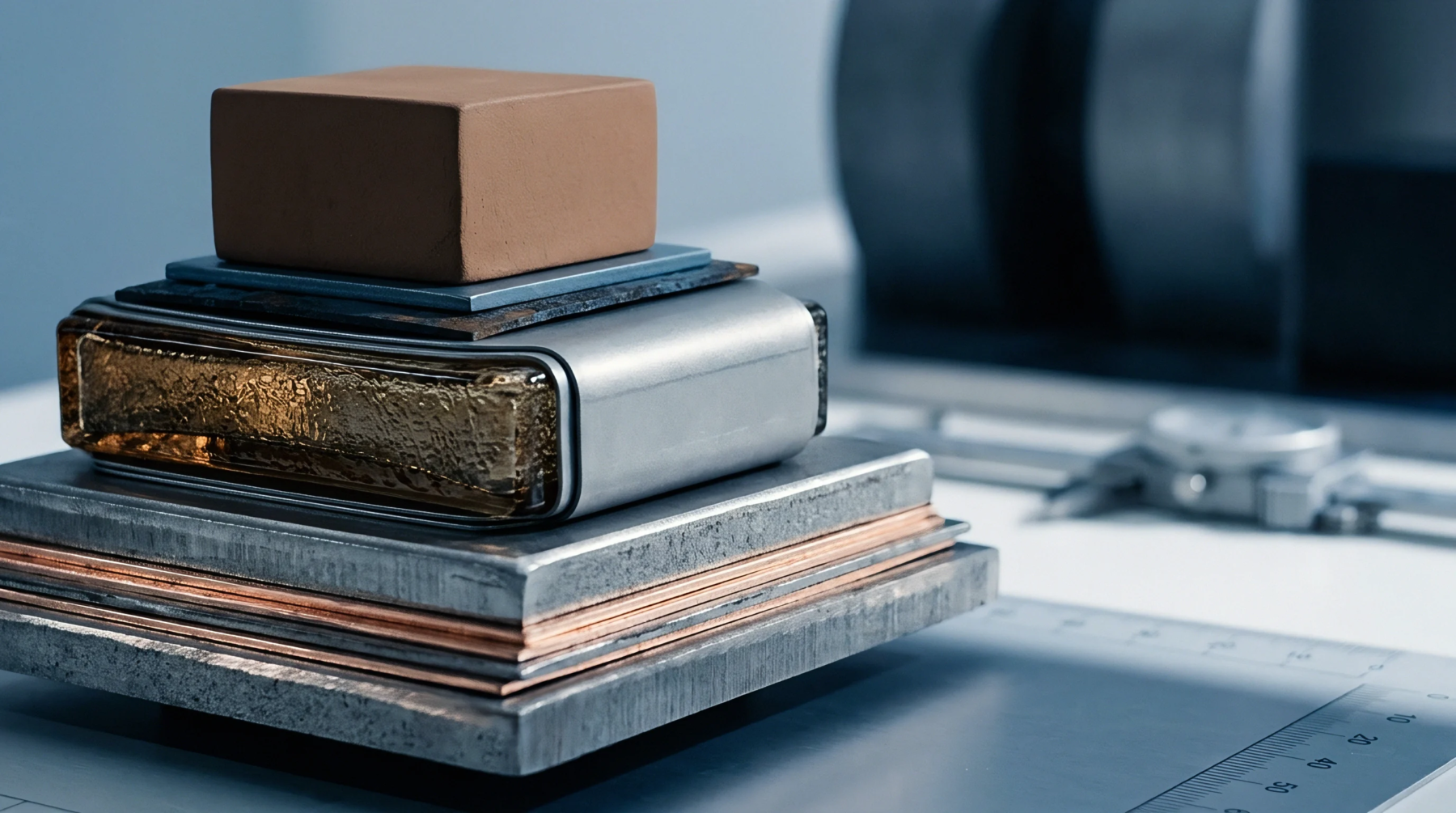 Layered industrial specimens comprising copper steel and glass rest upon a calibration grid to evaluate manufacturing material throughput and component assembly density.