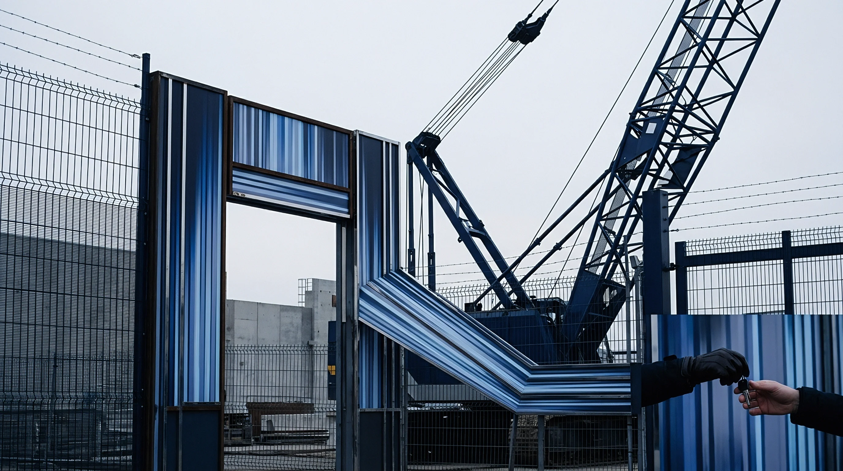Patterned metal gate segments extend toward a hand holding keys before a construction crane and perimeter fencing at a manufacturing facility.