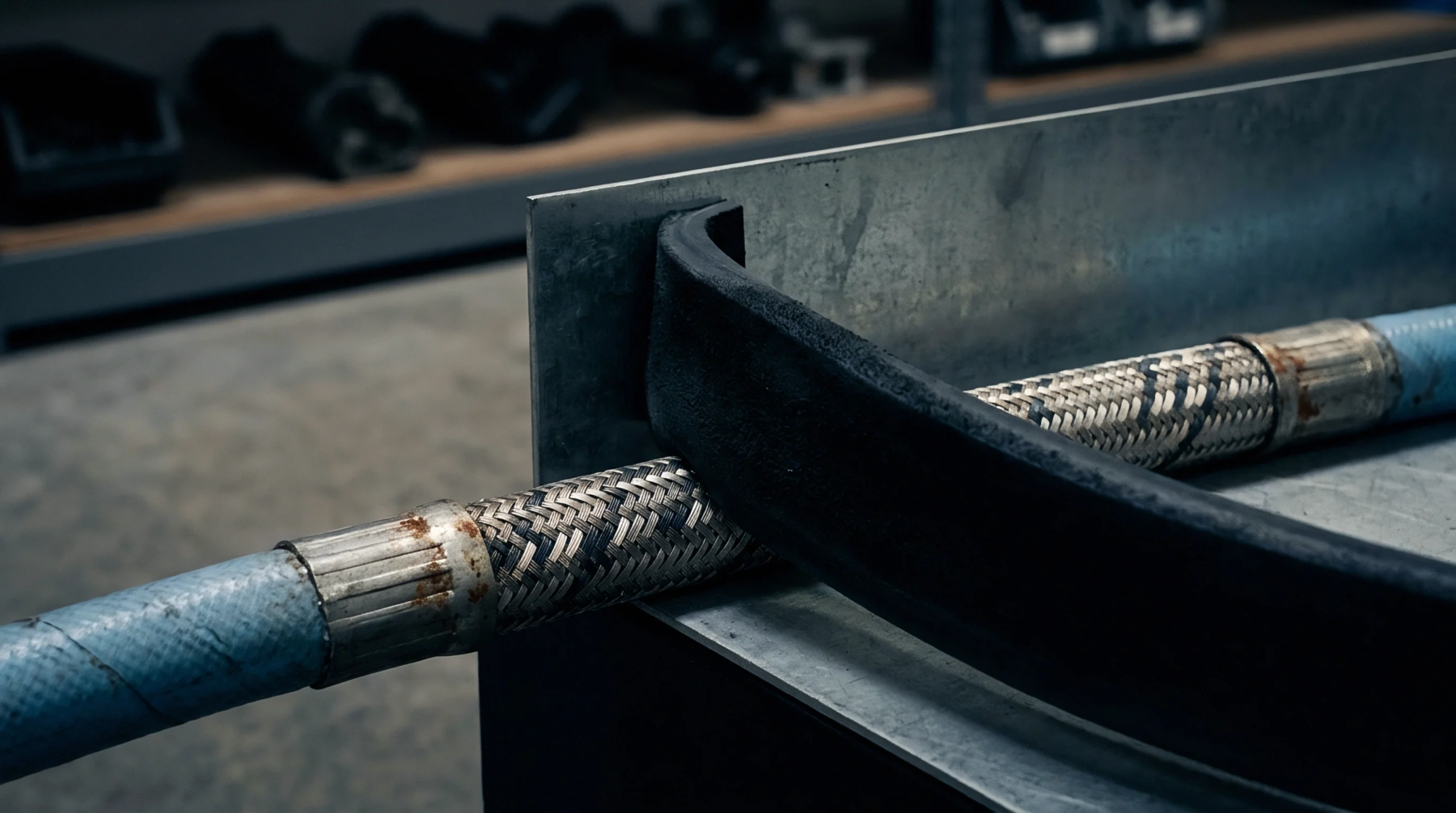 Braided steel hoses with blue rubber jackets pass through an industrial metal partition inside a production facility with tools stored in the background.