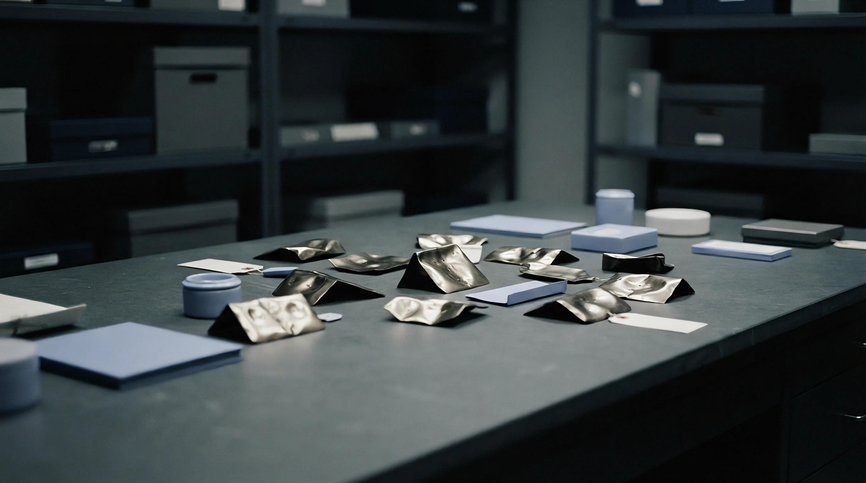 Formed sheet metal specimens and specimen tags sit arranged alongside documentation pads on a gray laboratory inspection table.