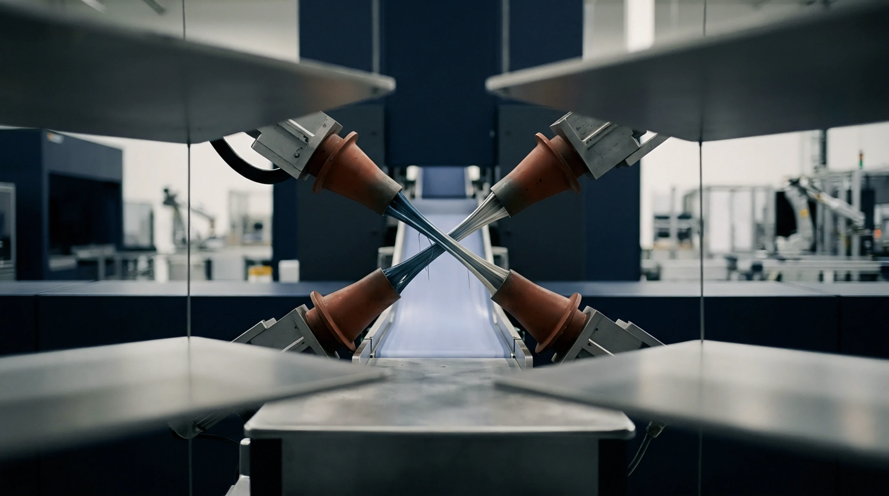 Four precision industrial nozzles converge on a central conveyor belt axis within an automated assembly line environment for high volume production tasks.