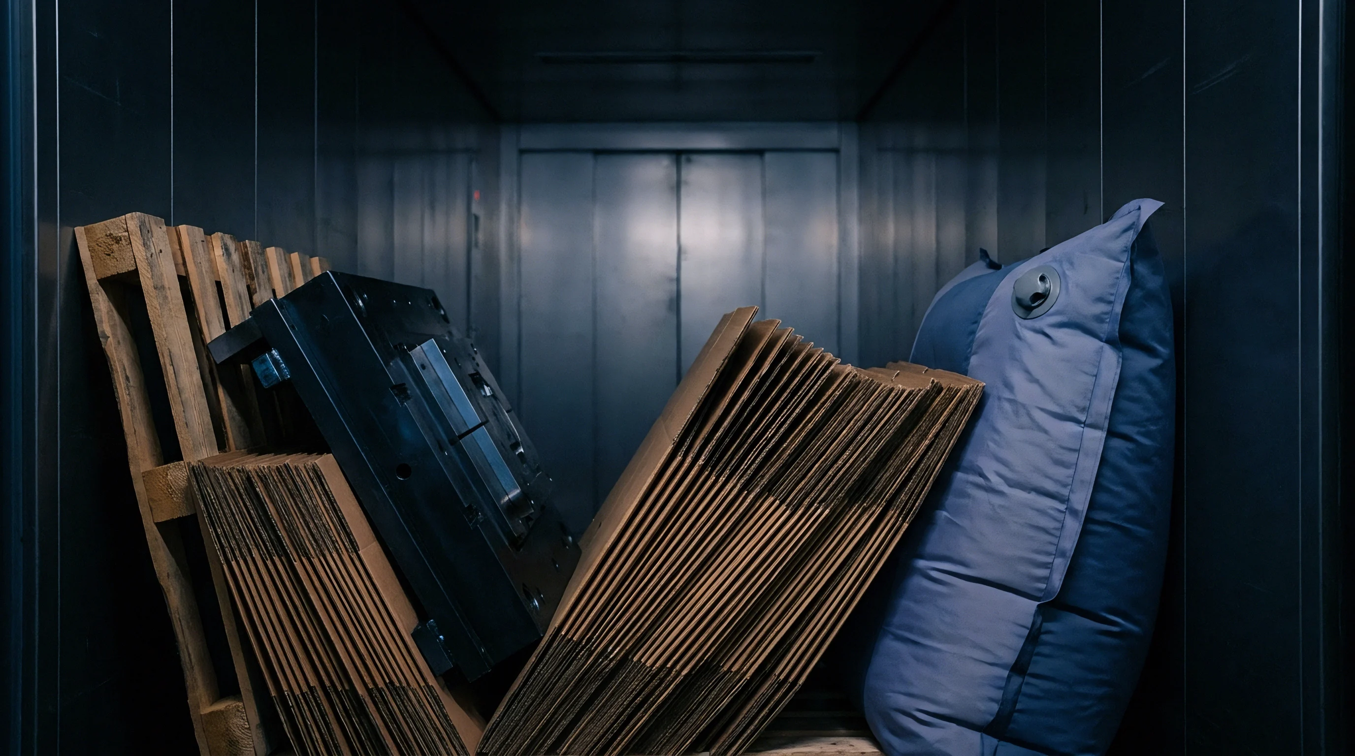Inside a heavy cargo elevator, wooden pallets hold stacked corrugated cardboard box blanks, a dark molded plastic part, and a blue inflatable dunnage bag.