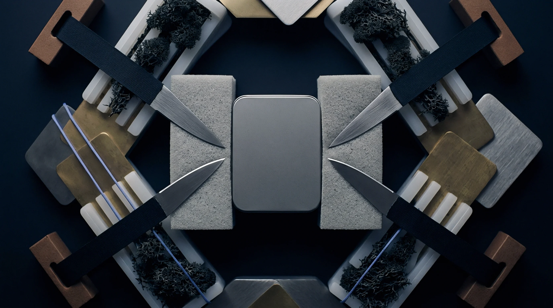 Symmetrically arranged industrial components including metal plates brass fixtures abrasive blocks and pointed steel blades surround a central grey metal box.