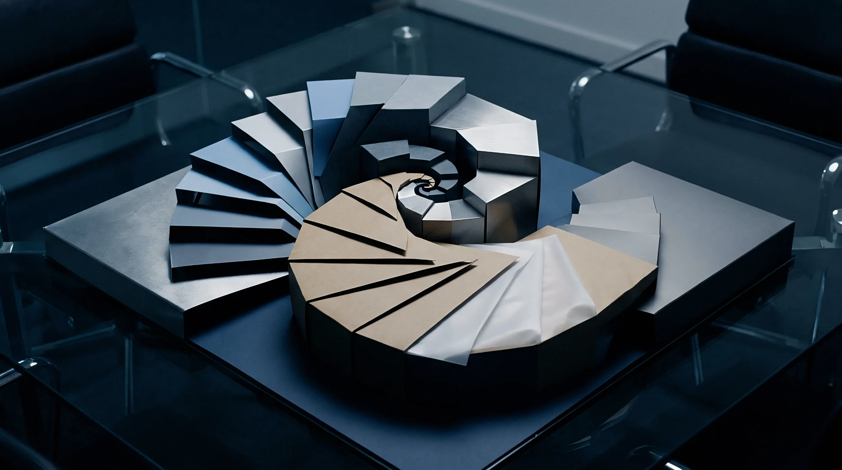 Layered geometric planes form an ascending spiral structure placed upon a boardroom table to map phased manufacturing expansion and modular production capacity.