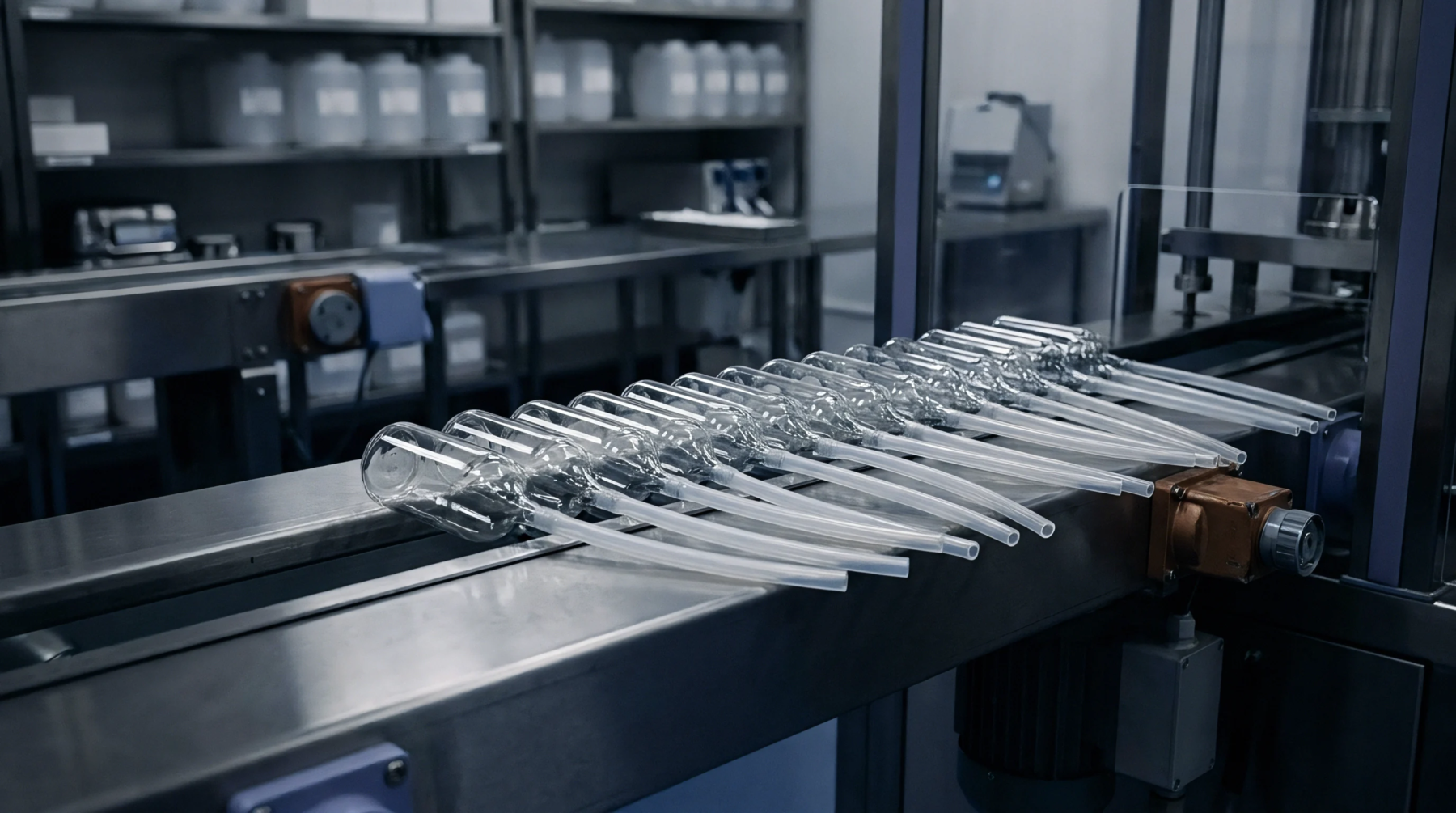 Glass vials move sequentially along a motorized stainless steel conveyor belt inside a cleanroom environment designed for pharmaceutical formulation and sterile filling operations.