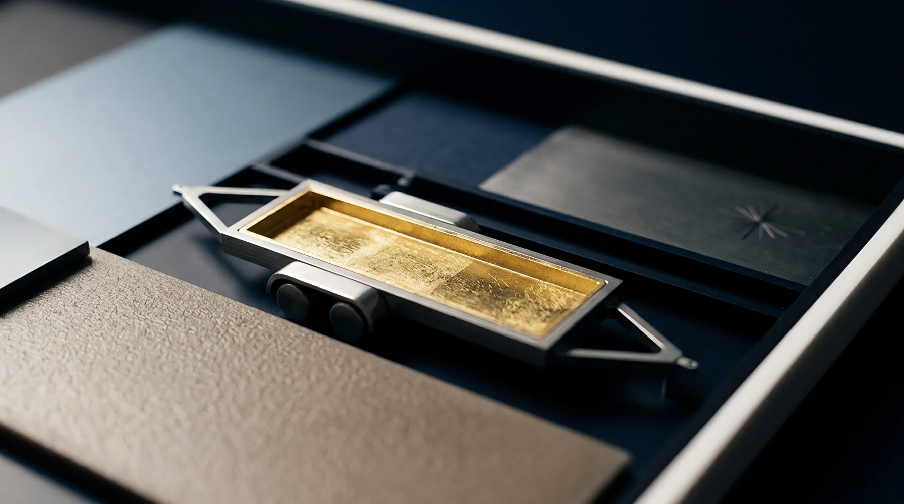 A miniature trailer filled with gold leaf is centrally positioned within a dark segmented tray holding diverse material swatches and samples.
