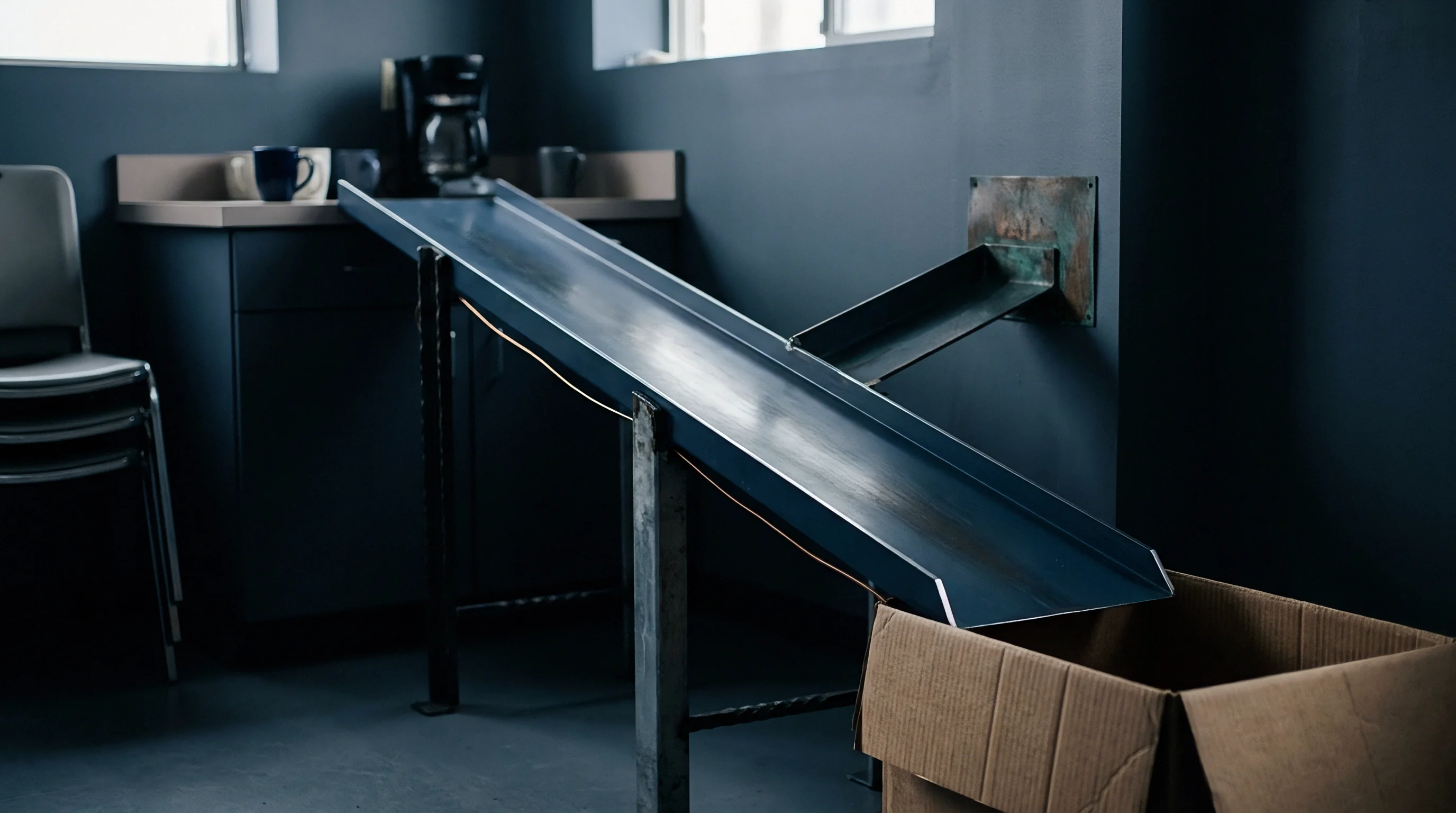 A metal gravity chute mounted to a wall directs objects into a corrugated cardboard box within a workshop environment featuring professional seating and appliances.