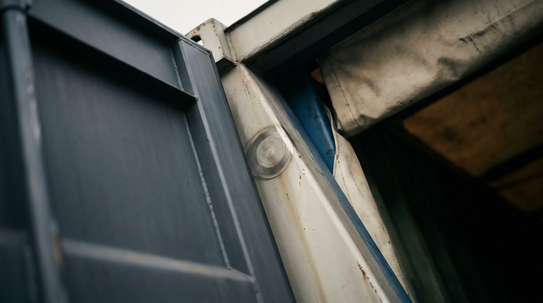 A heavy steel industrial container door frame features a welded joint and structural reinforcement inside a production facility.