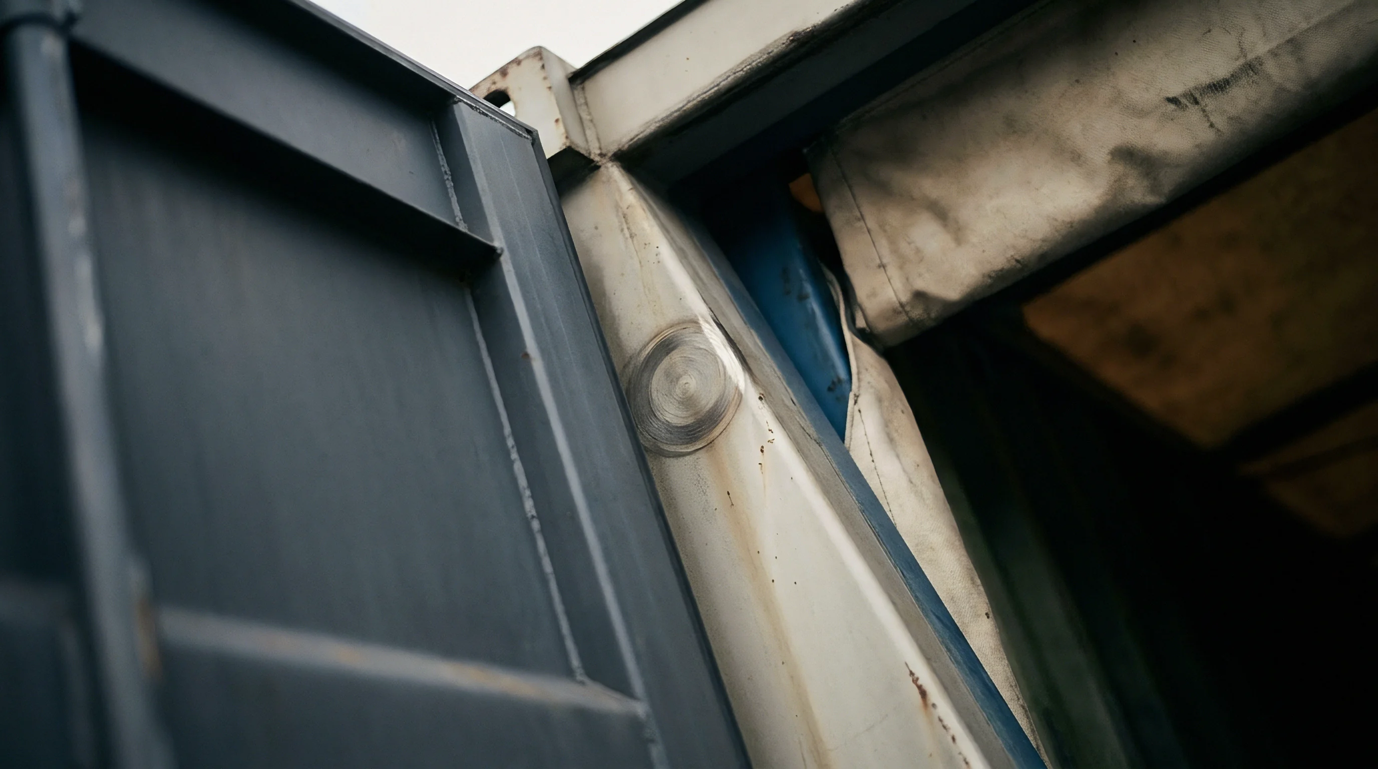 A heavy steel industrial container door frame features a welded joint and structural reinforcement inside a production facility.