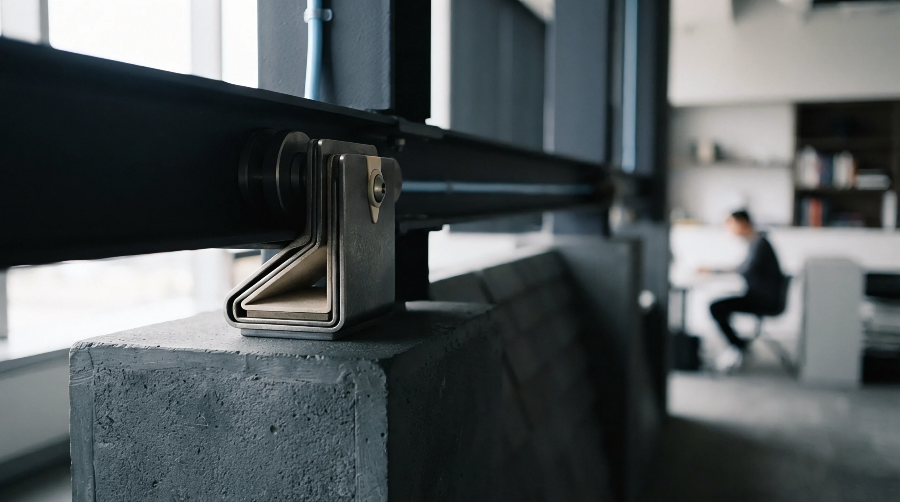 Heavy steel roller hardware mounts securely onto a cast concrete structural pillar inside an active manufacturing facility setup.