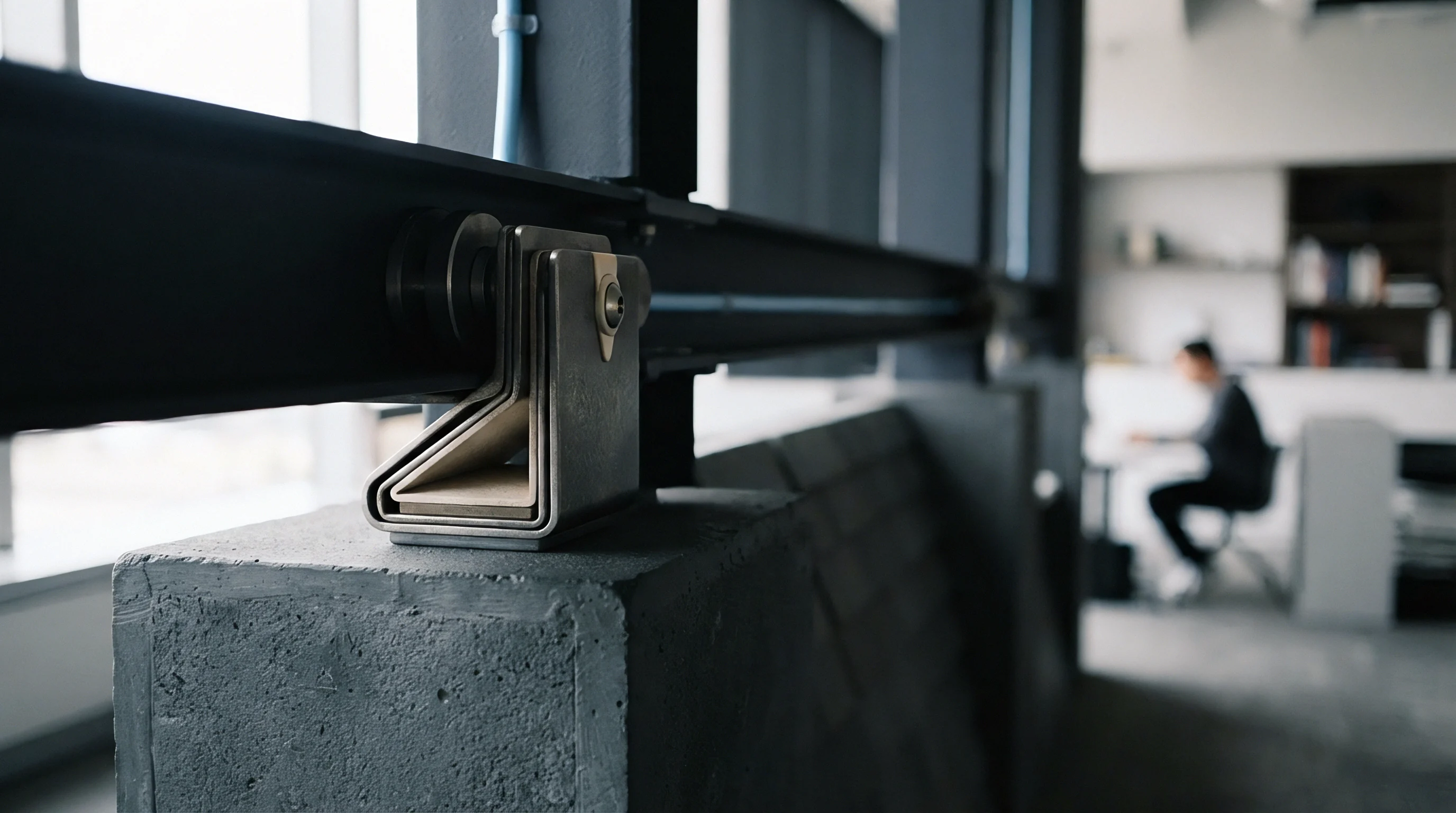 Heavy steel roller hardware mounts securely onto a cast concrete structural pillar inside an active manufacturing facility setup.