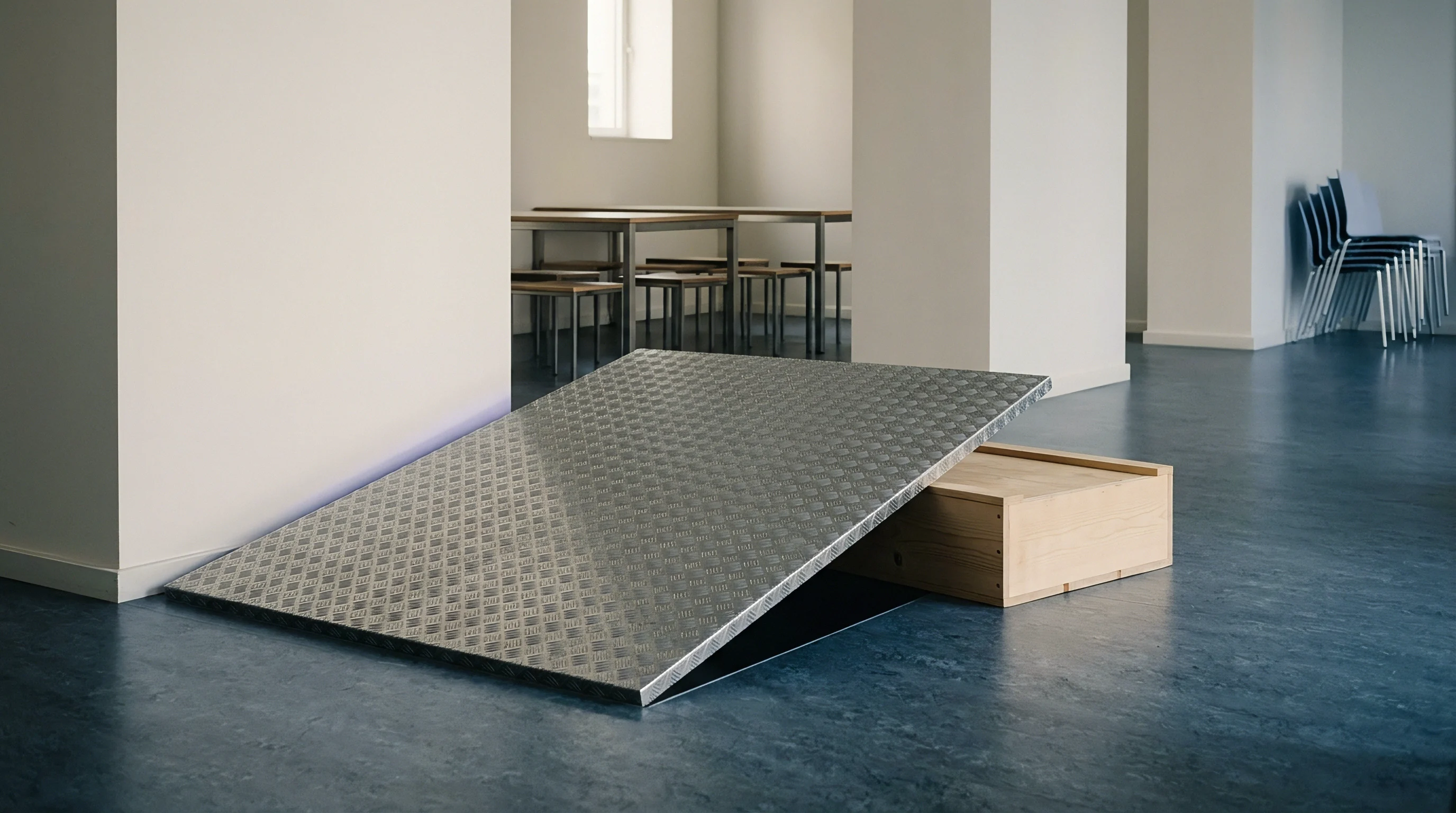 A metallic checkered floor hatch sits propped open on a wooden crate inside a commercial industrial facility interior.