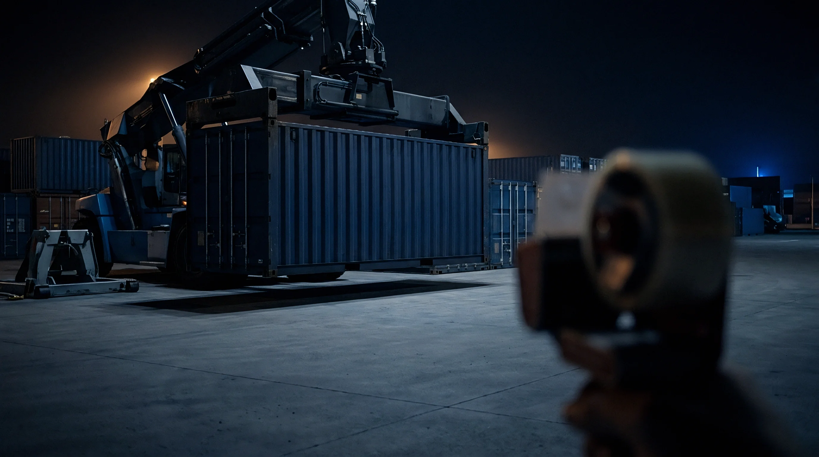 A heavy industrial reach stacker suspends a steel shipping container within a dark freight terminal yard at night.