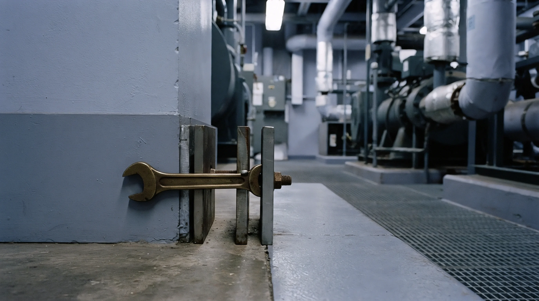 A brass wrench bridges heavy steel shims anchored against a grey concrete foundation block inside an industrial compressor plant.