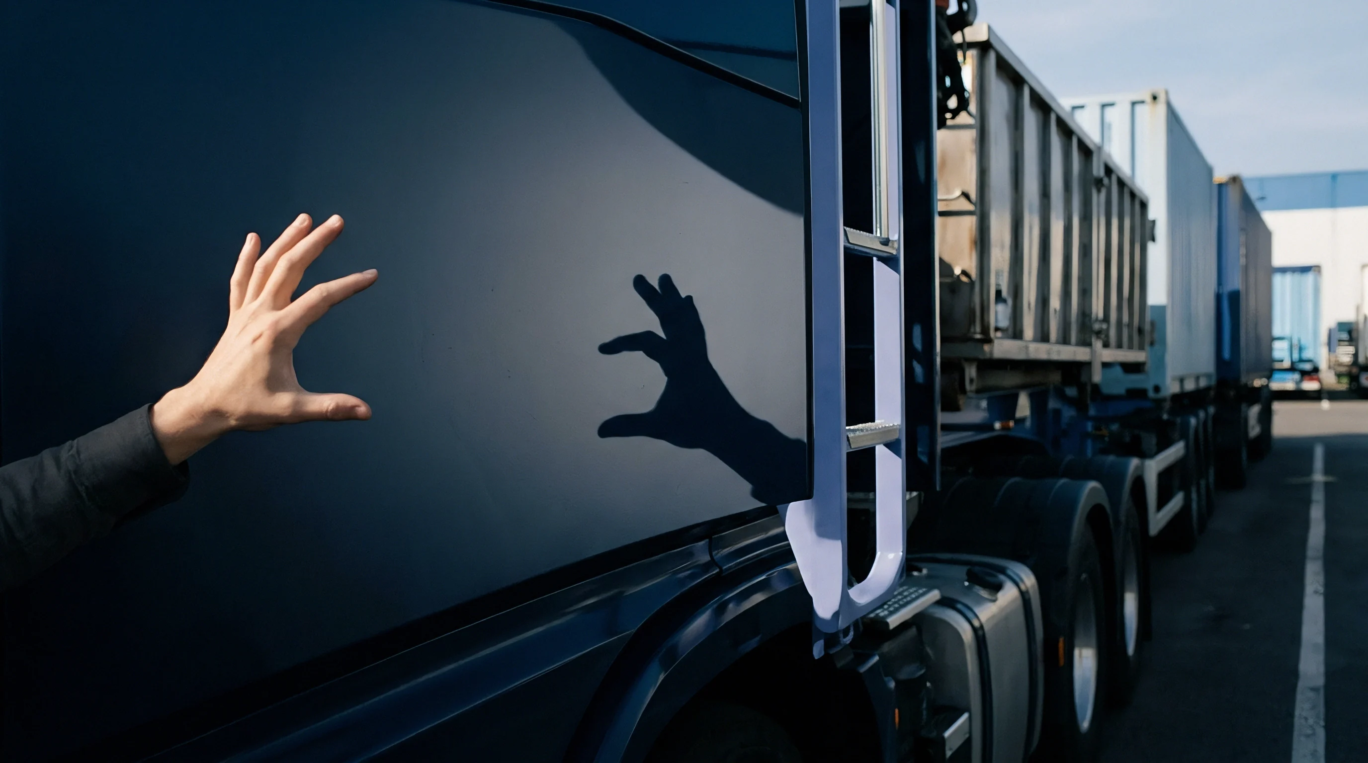 A human hand reaches towards the polished dark side of a commercial truck, its clear reflection visible beside a metal access ladder.