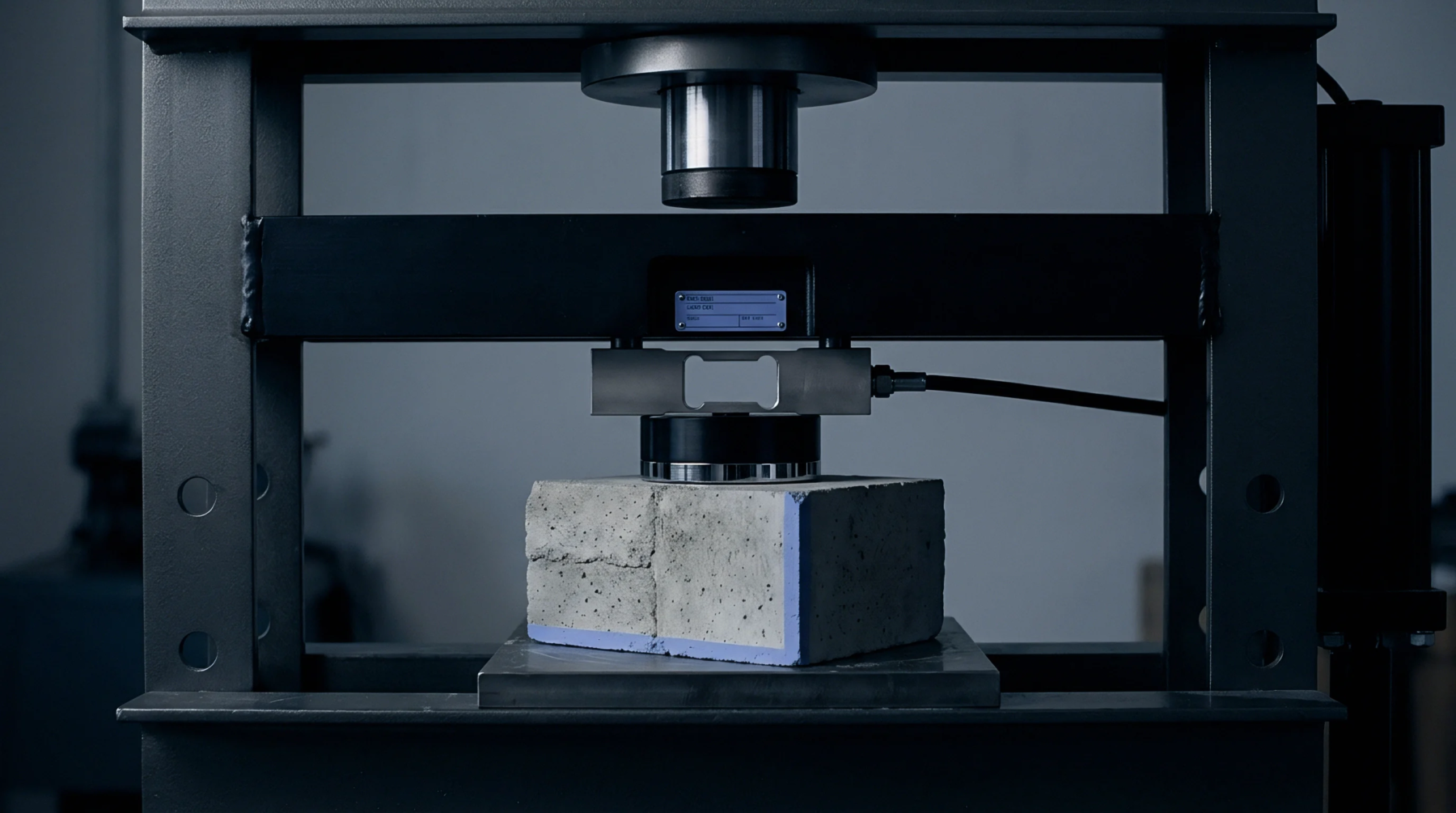 A heavy duty industrial hydraulic press applies downward force onto a cured concrete masonry block inside a materials testing laboratory.
